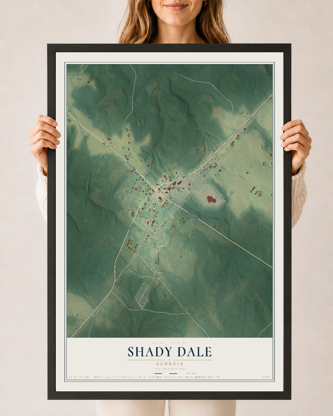 Shady Dale, Georgia map print, 24" x 36" W/ Black Ayous Wood Frame mockup