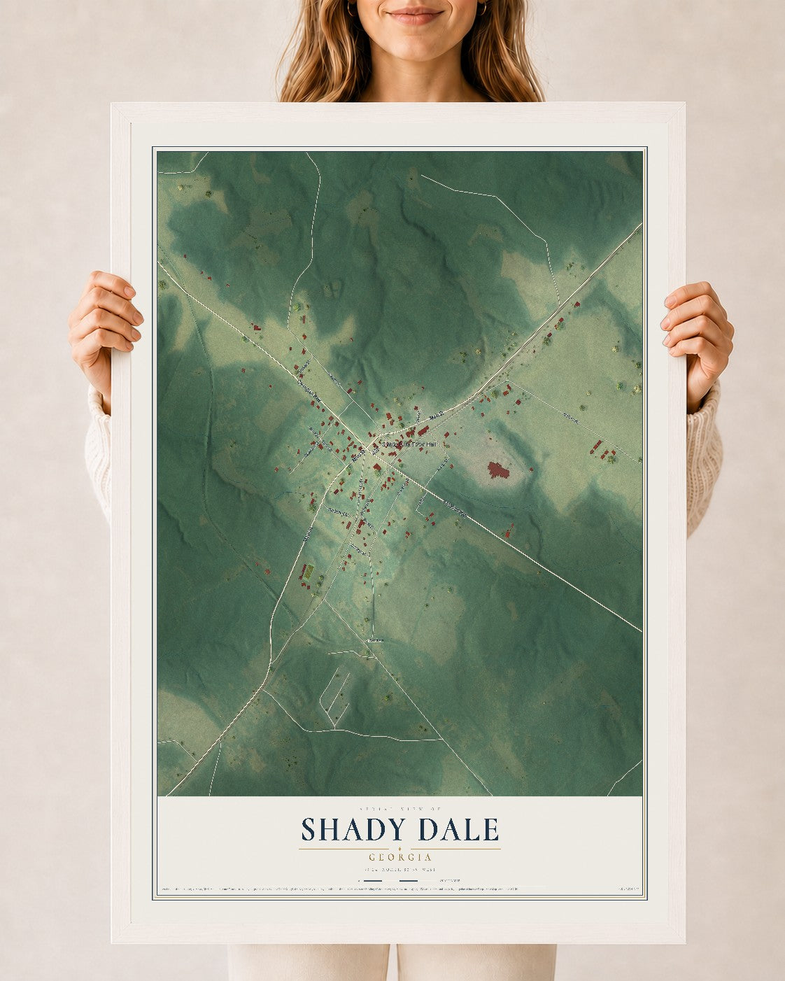 Shady Dale, Georgia map print, 24" x 36" W/ White Ayous Wood Frame mockup