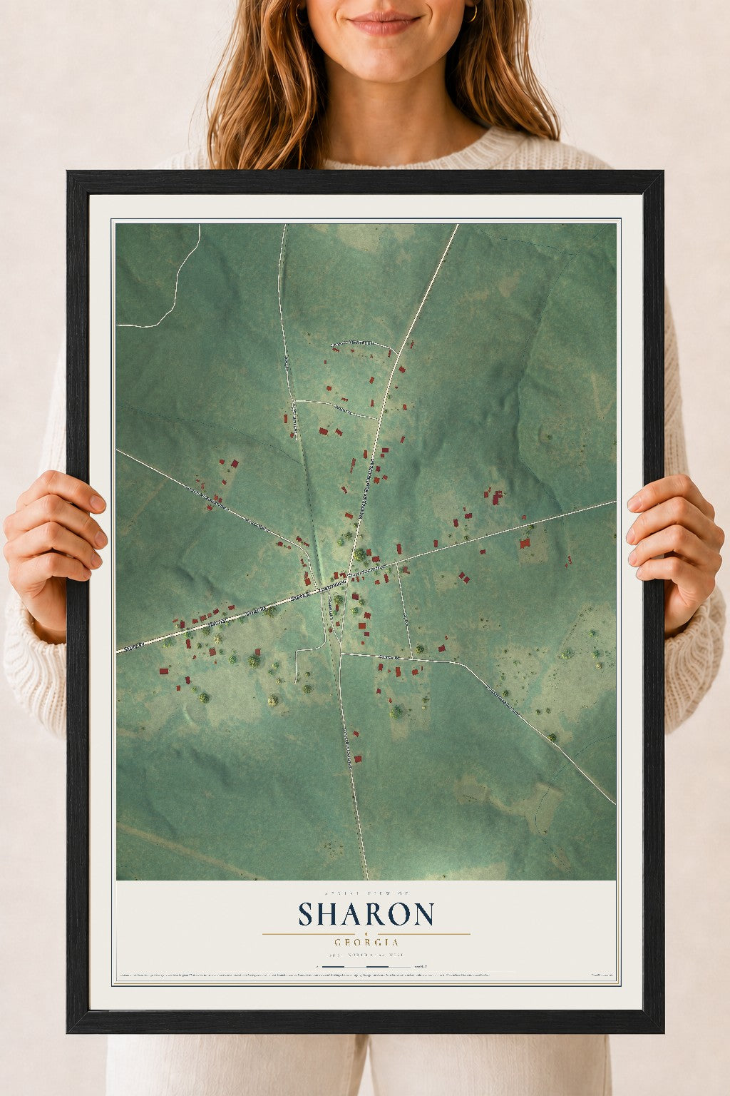 Sharon, Georgia map print, 18" x 24" W/ Black Ayous Wood Frame mockup