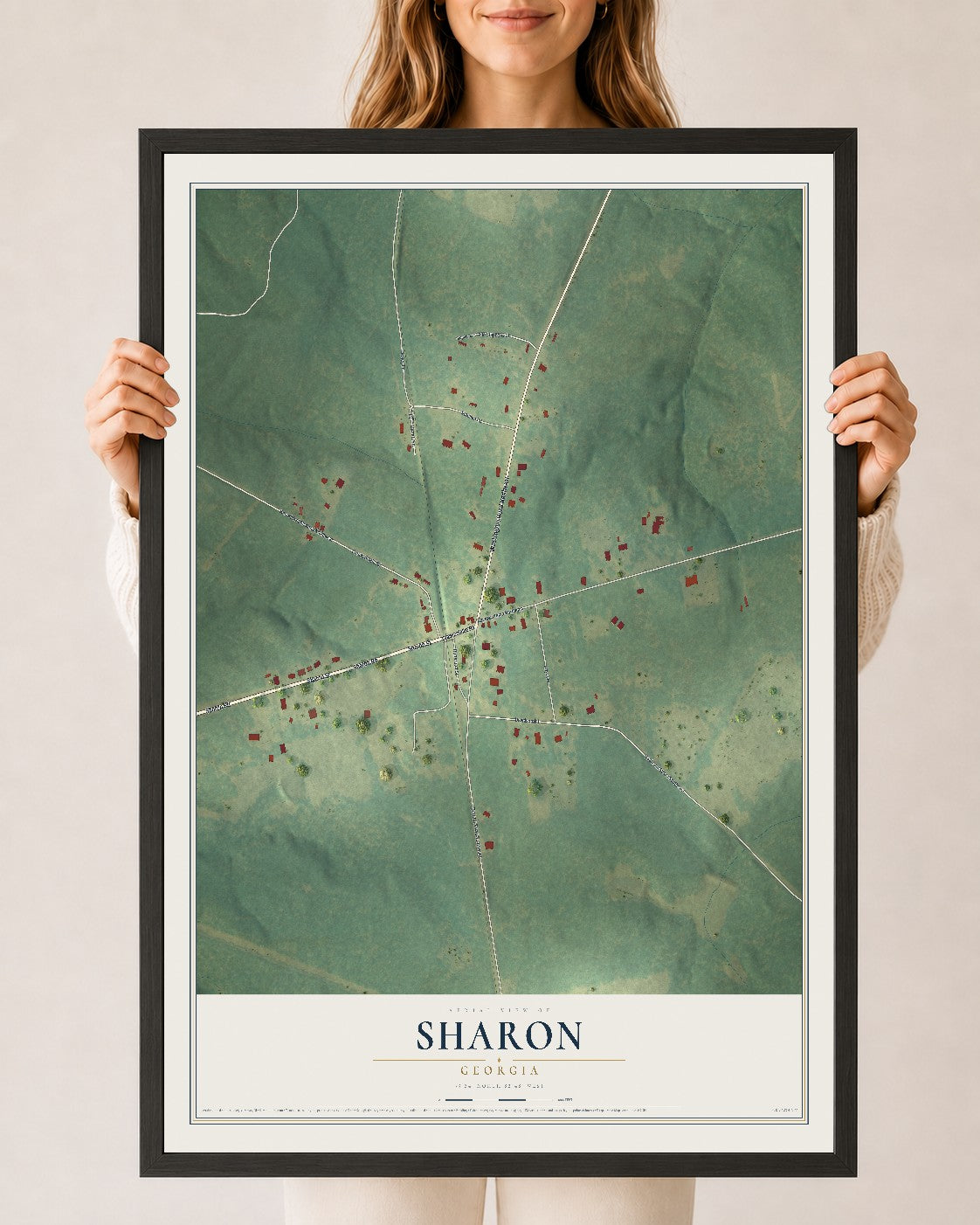 Sharon, Georgia map print, 24" x 36" W/ Black Ayous Wood Frame mockup