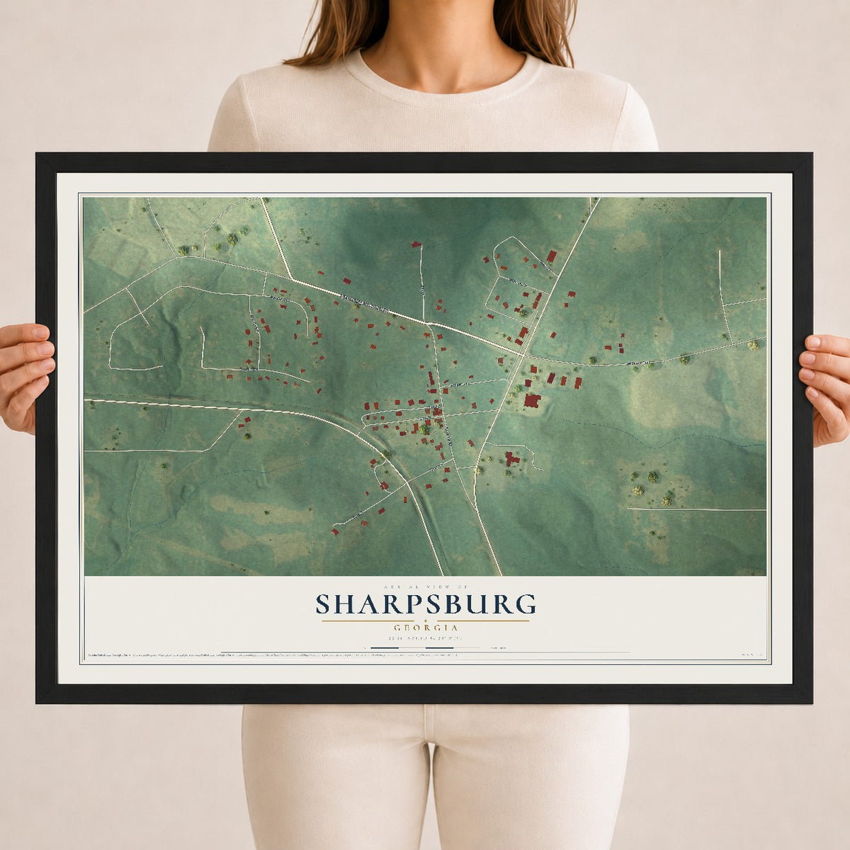 Sharpsburg, Georgia map print, 18" x 24" W/ Black Ayous Wood Frame mockup