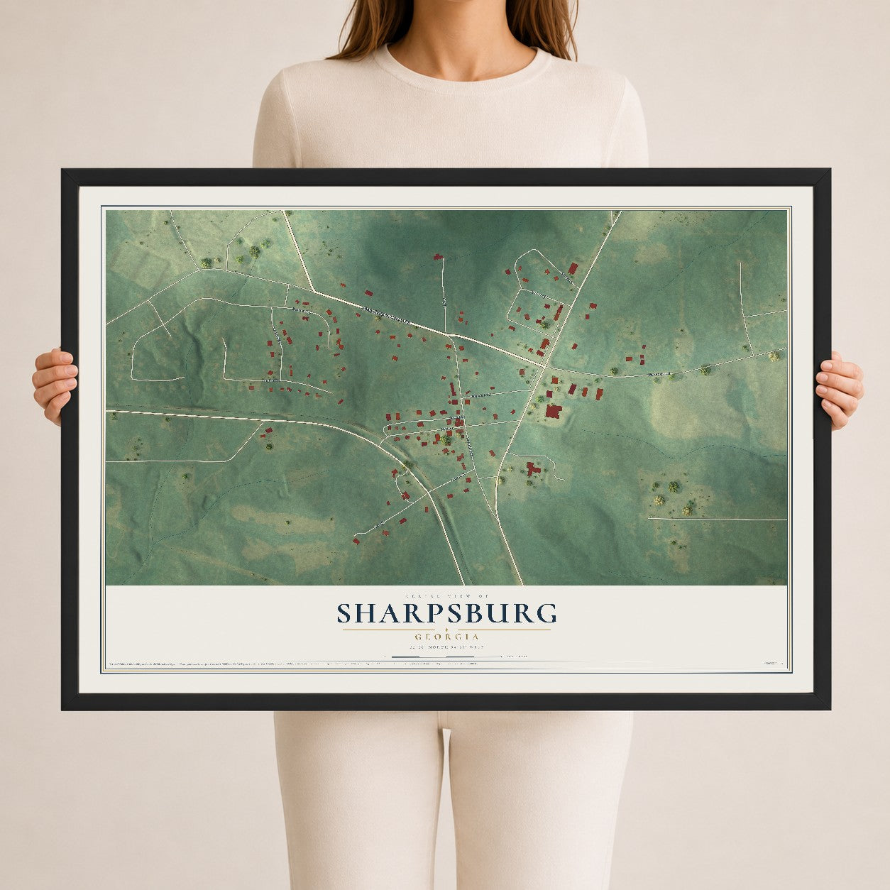 Sharpsburg, Georgia map print, 24" x 36" W/ Black Ayous Wood Frame mockup