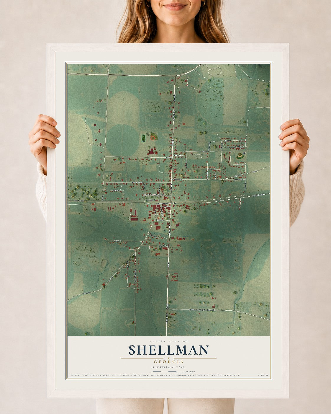 Shellman, Georgia map print, 24" x 36" W/ White Ayous Wood Frame mockup