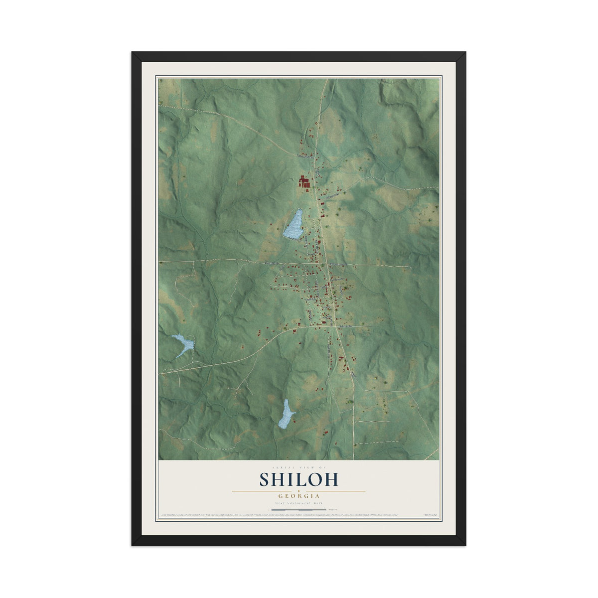 Shiloh, Georgia map print, 12" x 18" W/ Black Ayous Wood Frame mockup