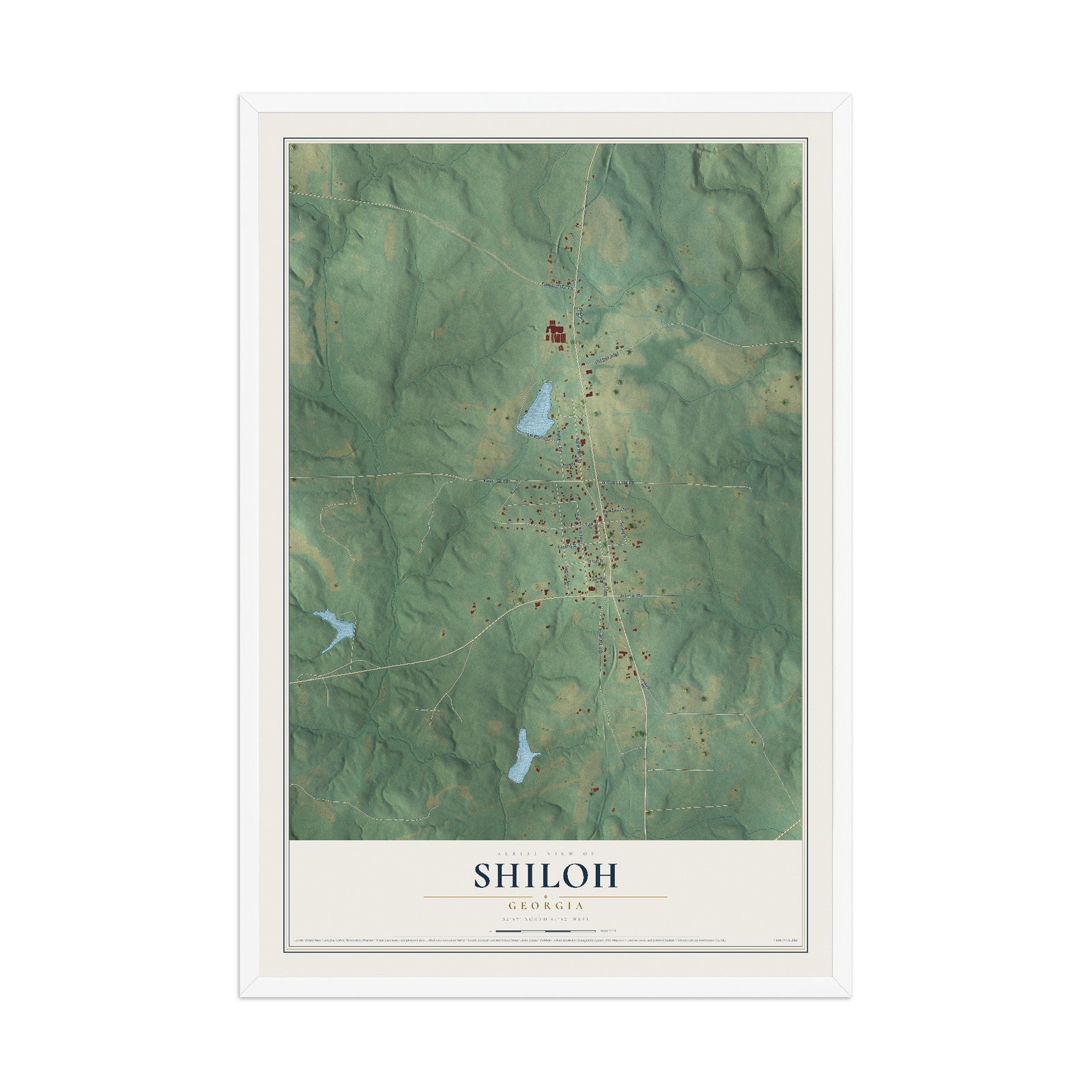 Shiloh, Georgia map print, 12" x 18" W/ White Ayous Wood Frame mockup