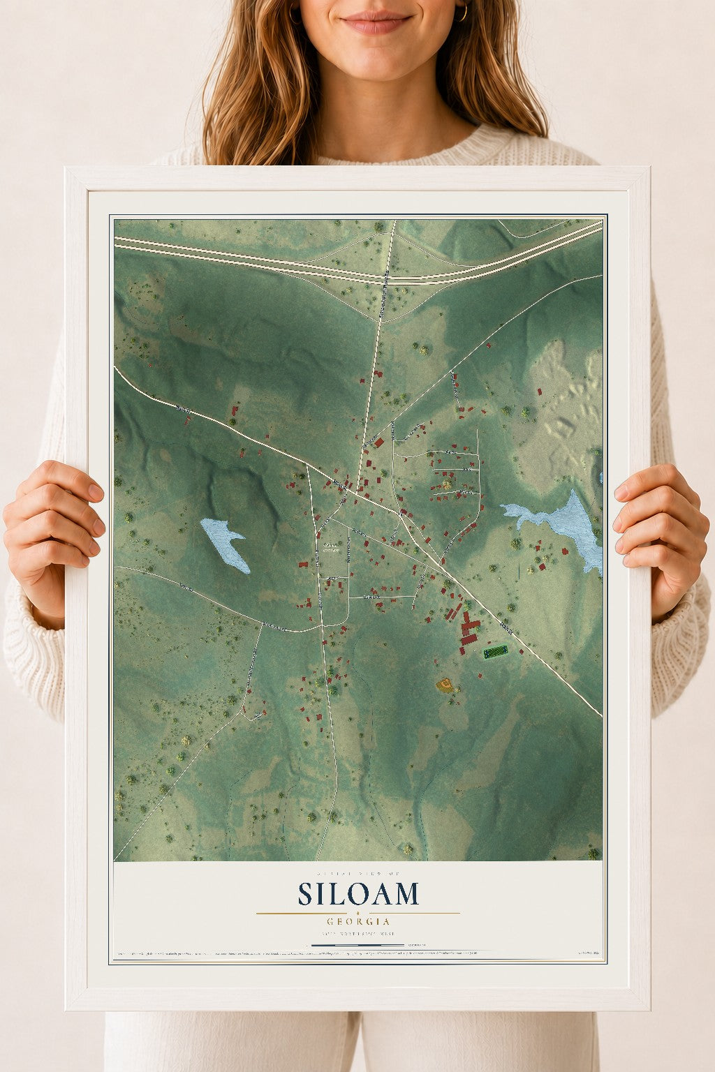 Siloam, Georgia map print, 18" x 24" W/ White Ayous Wood Frame mockup