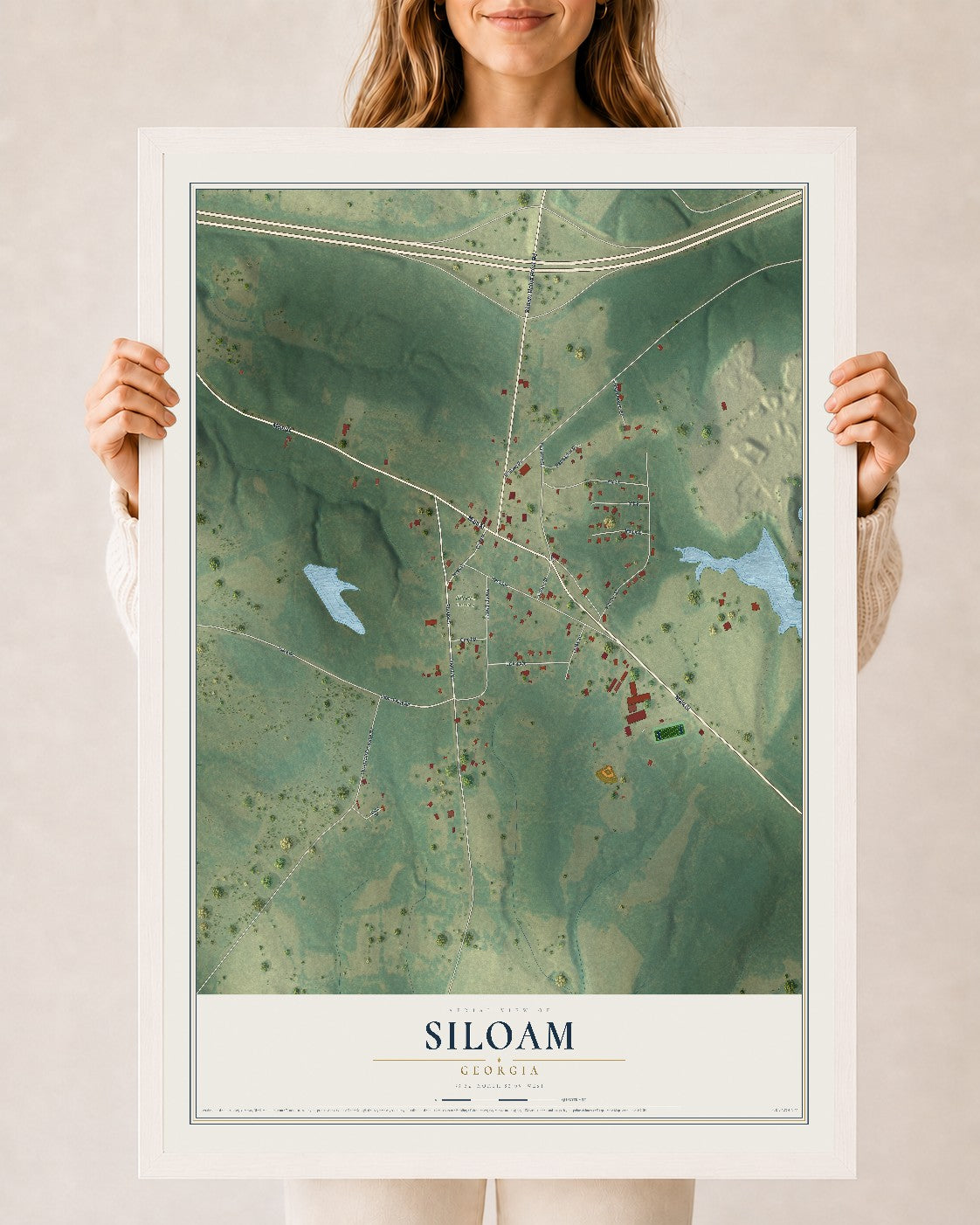 Siloam, Georgia map print, 24" x 36" W/ White Ayous Wood Frame mockup