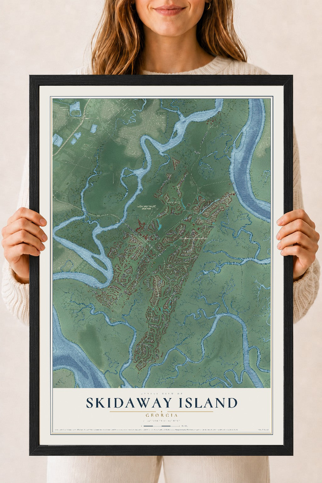 Skidaway Island, Georgia map print, 18" x 24" W/ Black Ayous Wood Frame mockup