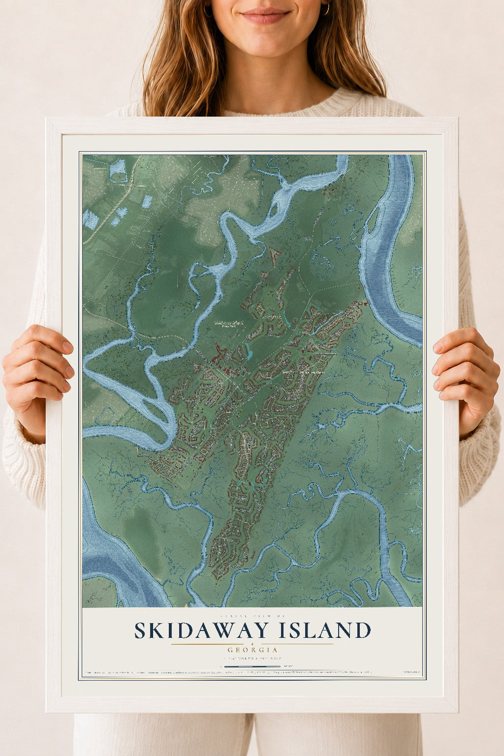 Skidaway Island, Georgia map print, 18" x 24" W/ White Ayous Wood Frame mockup