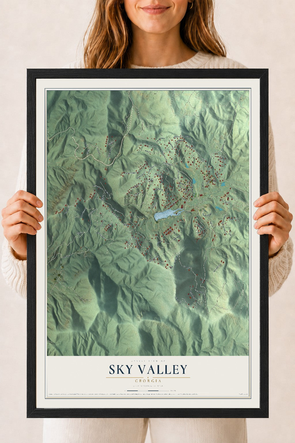 Sky Valley, Georgia map print, 18" x 24" W/ Black Ayous Wood Frame mockup
