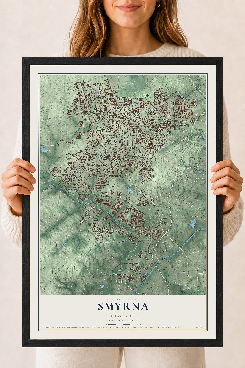 Smyrna, Georgia map print, 18" x 24" W/ Black Ayous Wood Frame mockup