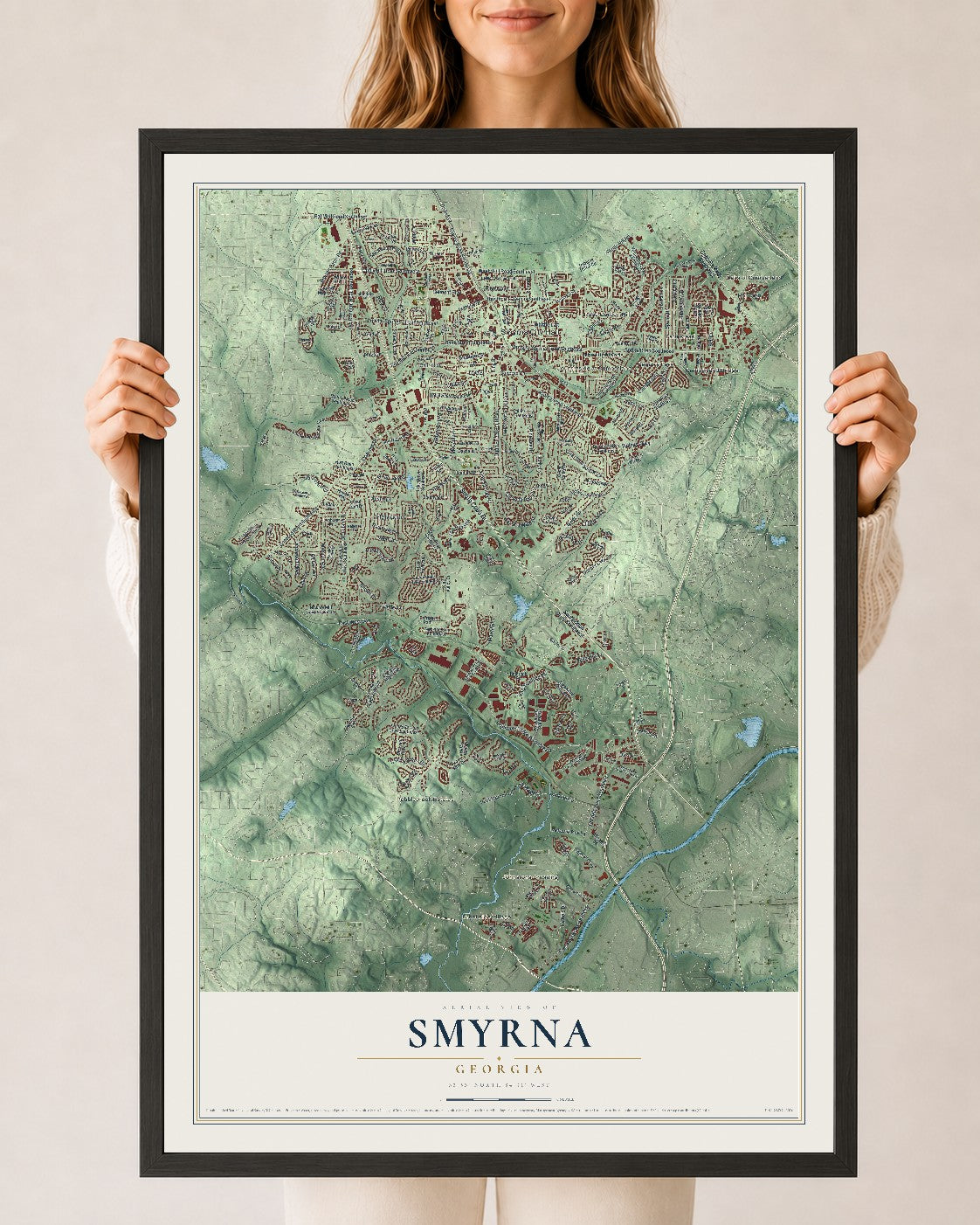 Smyrna, Georgia map print, 24" x 36" W/ Black Ayous Wood Frame mockup