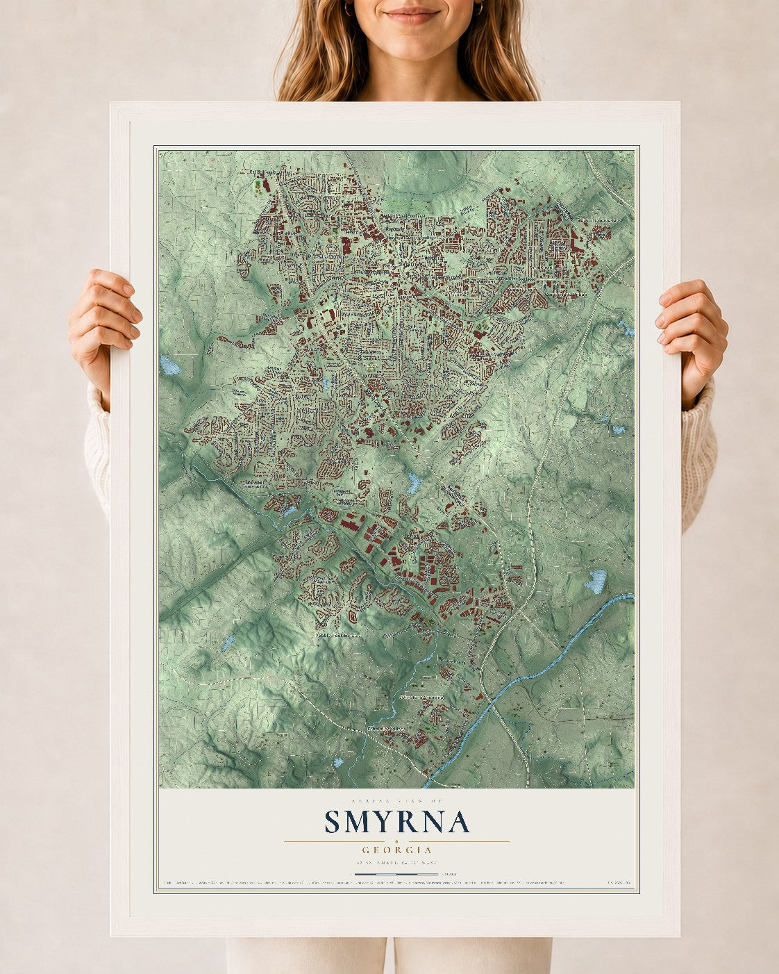 Smyrna, Georgia map print, 24" x 36" W/ White Ayous Wood Frame mockup