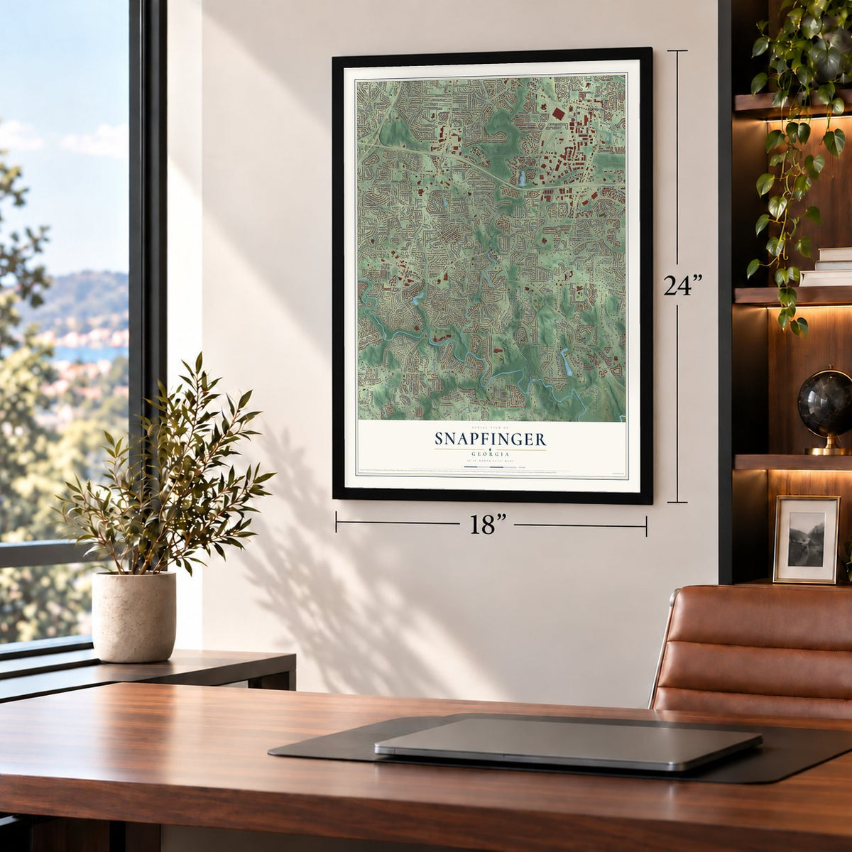 Snapfinger, Georgia map, 18 x 24 inch print in a black frame in a home office