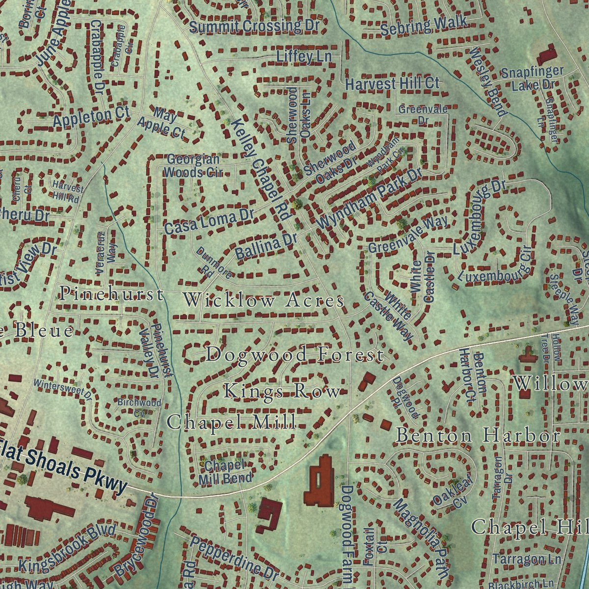 Close-up of the map of Snapfinger, Georgia print showing street and building detail