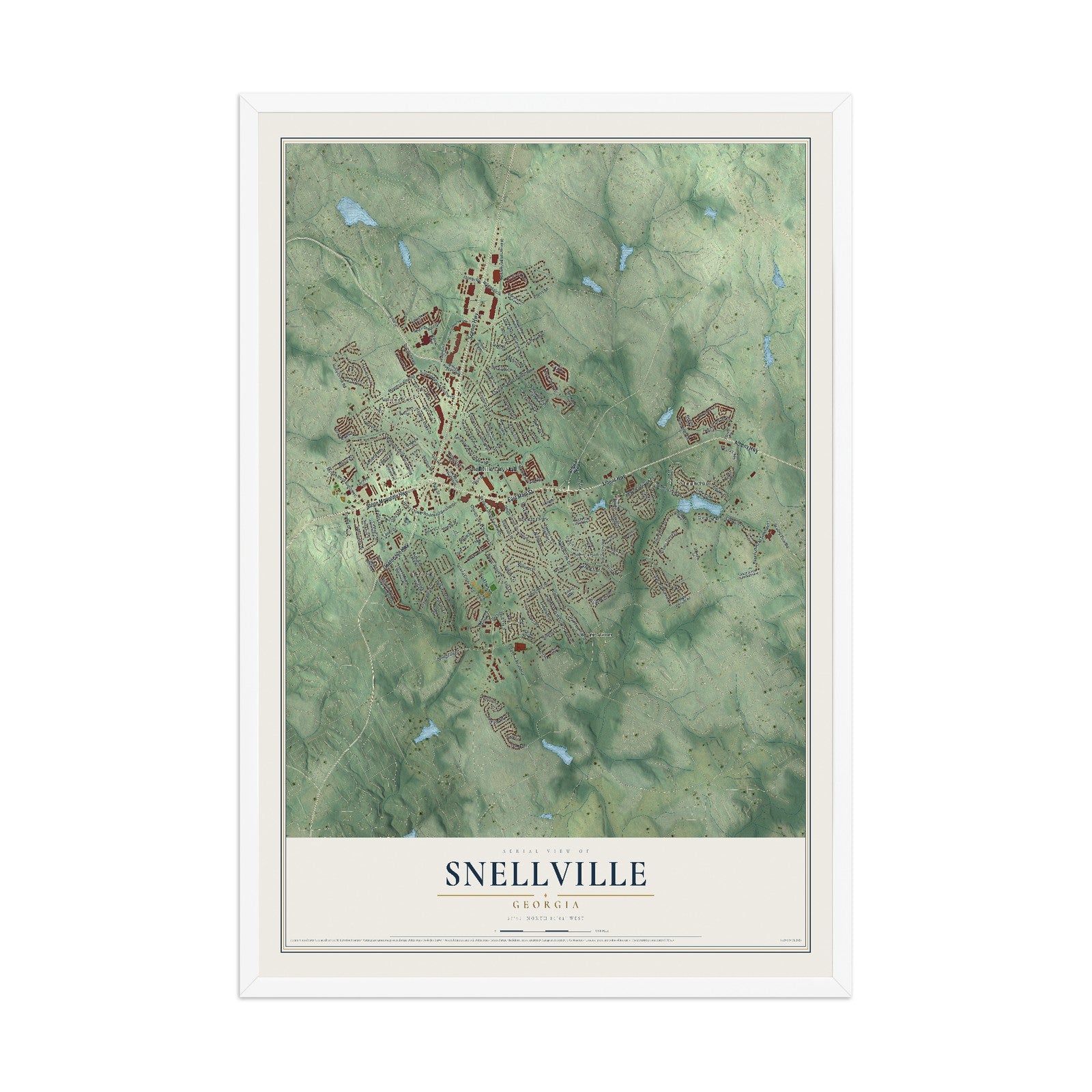 Snellville, Georgia map print, 12" x 18" W/ White Ayous Wood Frame mockup