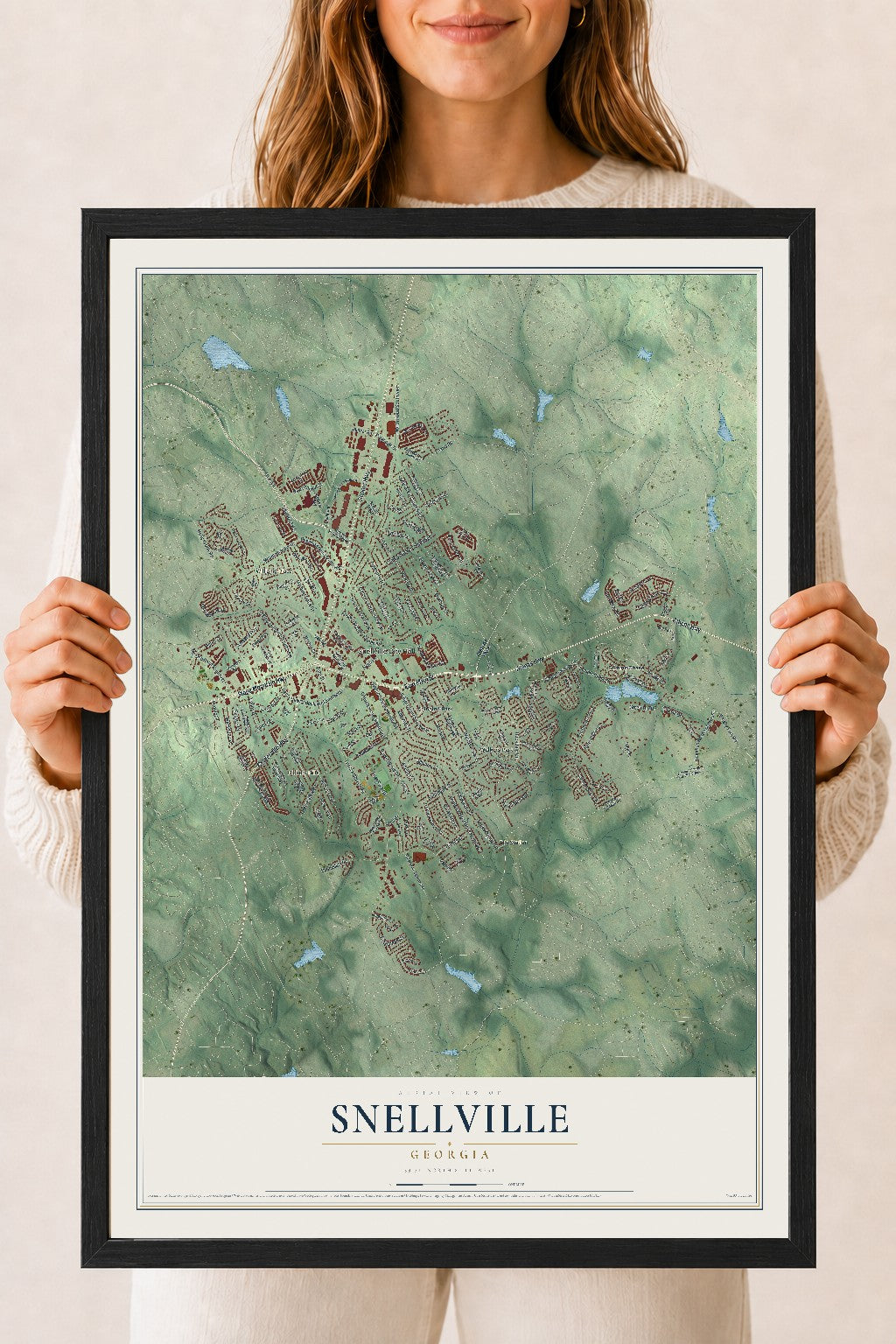 Snellville, Georgia map print, 18" x 24" W/ Black Ayous Wood Frame mockup