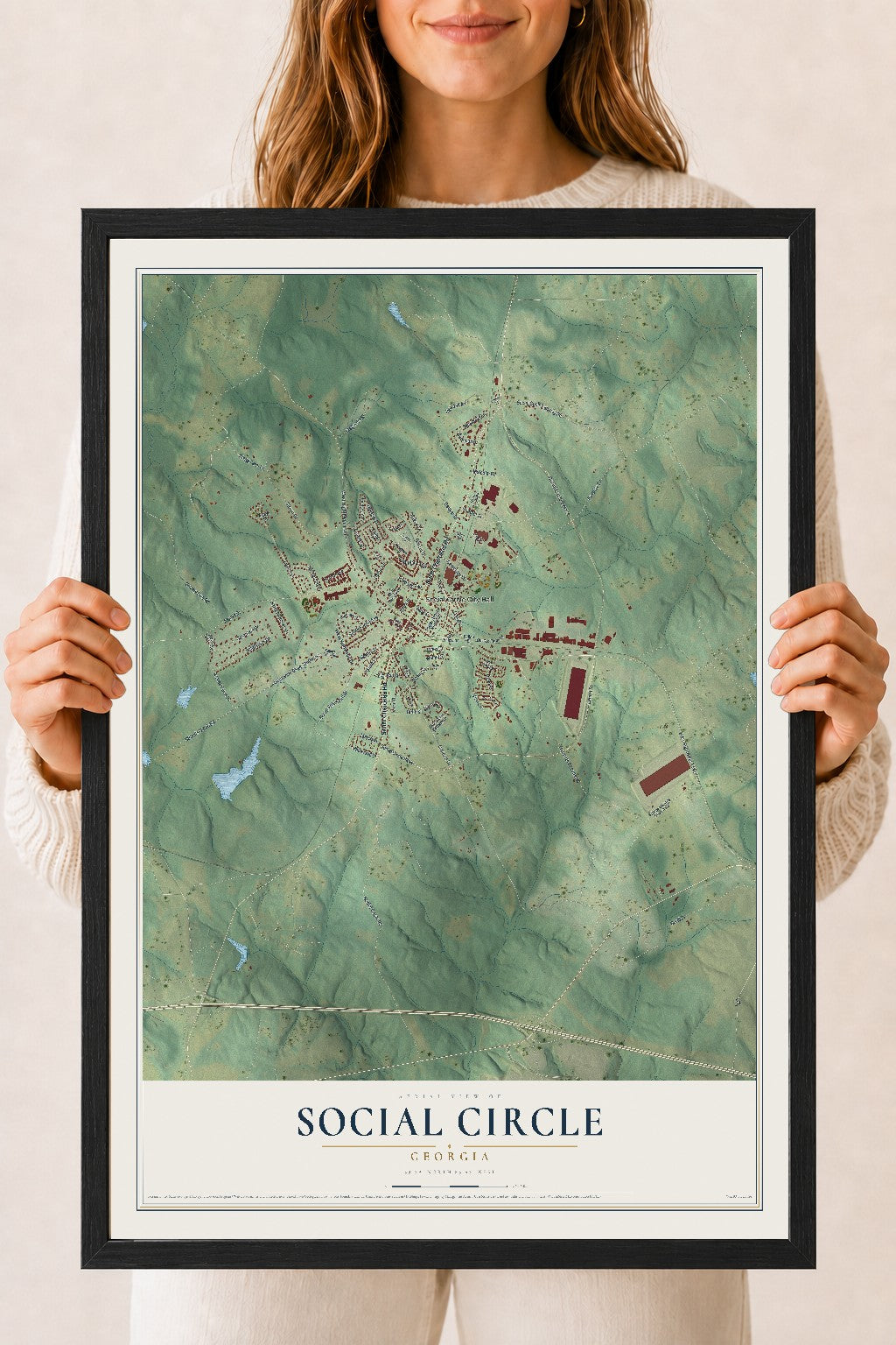 Social Circle, Georgia map print, 18" x 24" W/ Black Ayous Wood Frame mockup
