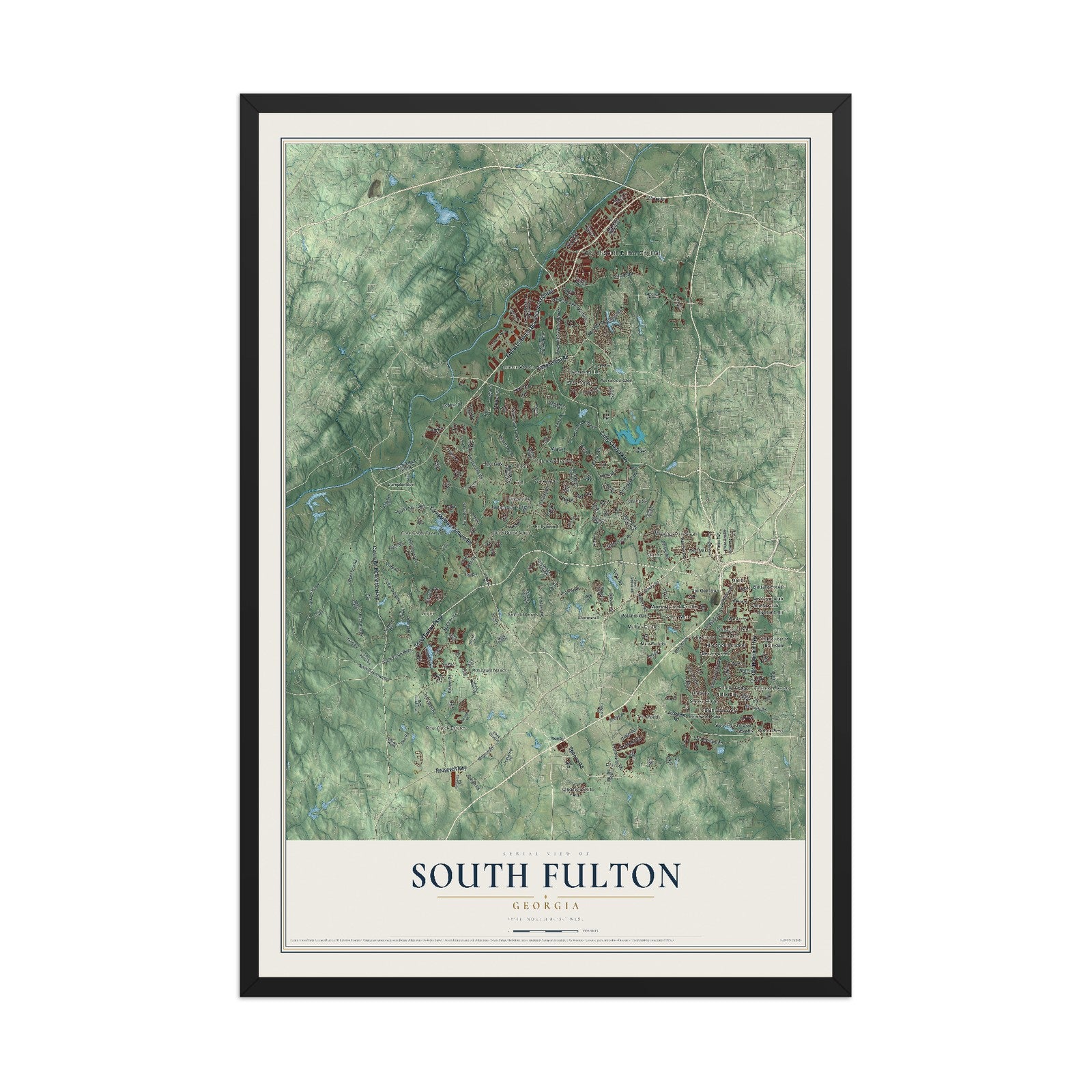 South Fulton, Georgia map print, 12" x 18" W/ Black Ayous Wood Frame mockup