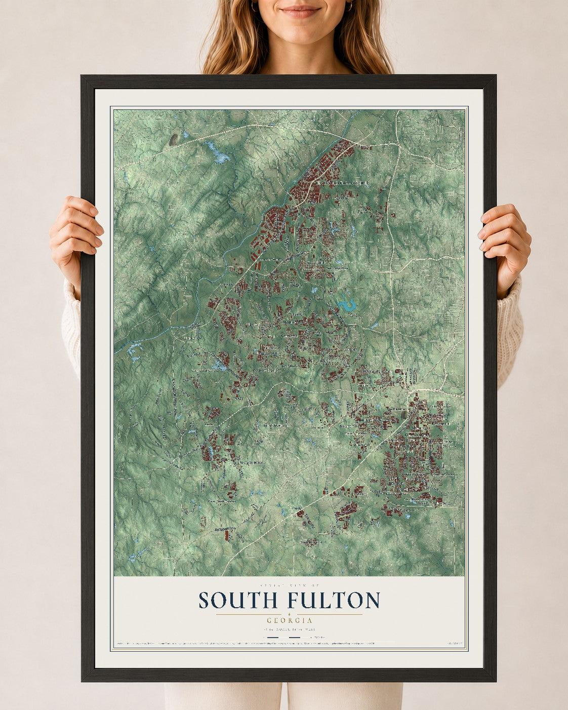 South Fulton, Georgia map print, 24" x 36" W/ Black Ayous Wood Frame mockup