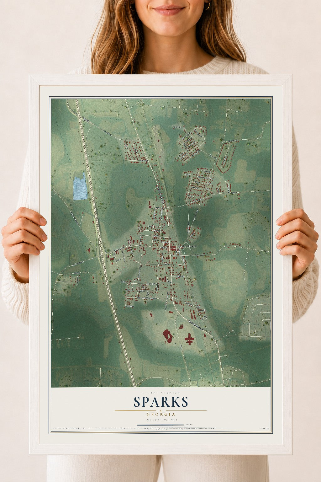 Sparks, Georgia map print, 18" x 24" W/ White Ayous Wood Frame mockup