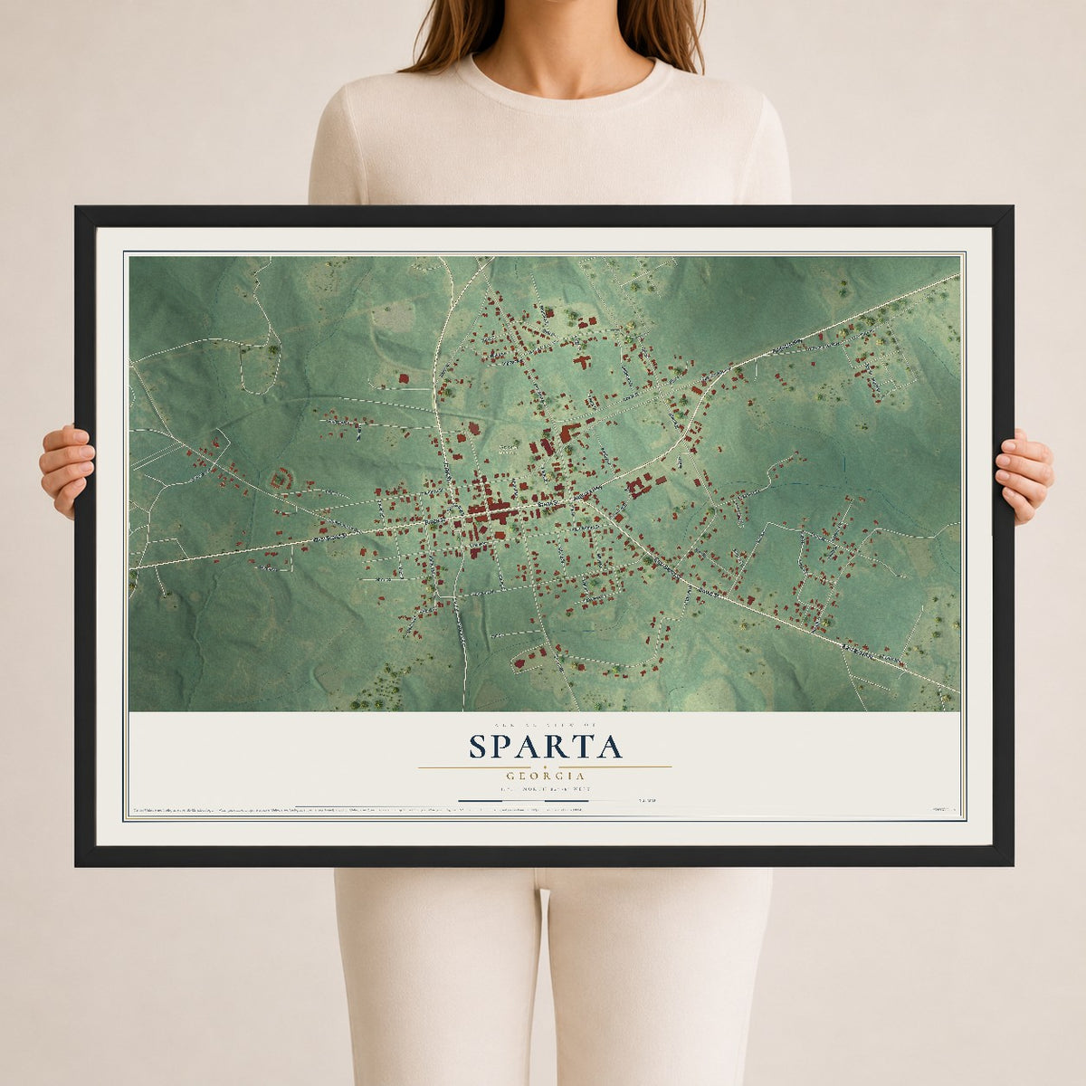 Sparta, Georgia map print, 24" x 36" W/ Black Ayous Wood Frame mockup