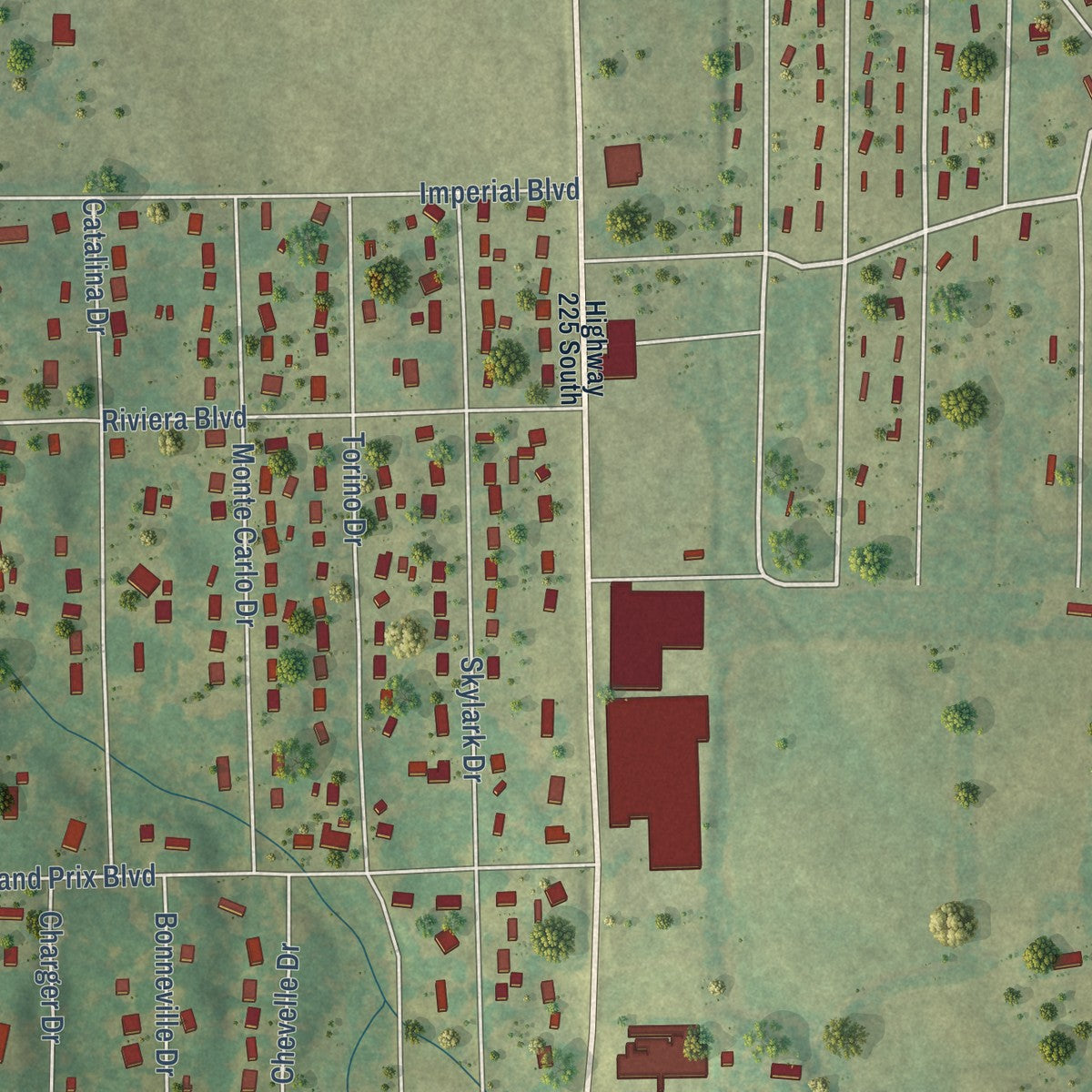 Close-up of the map of Spring Place, Georgia print showing street and building detail