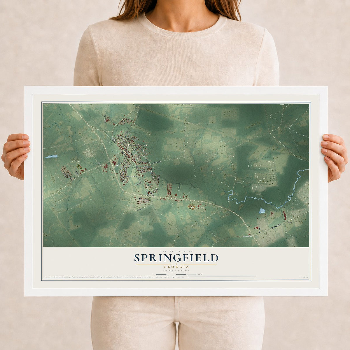 Springfield, Georgia map print, 12" x 18" W/ White Ayous Wood Frame mockup