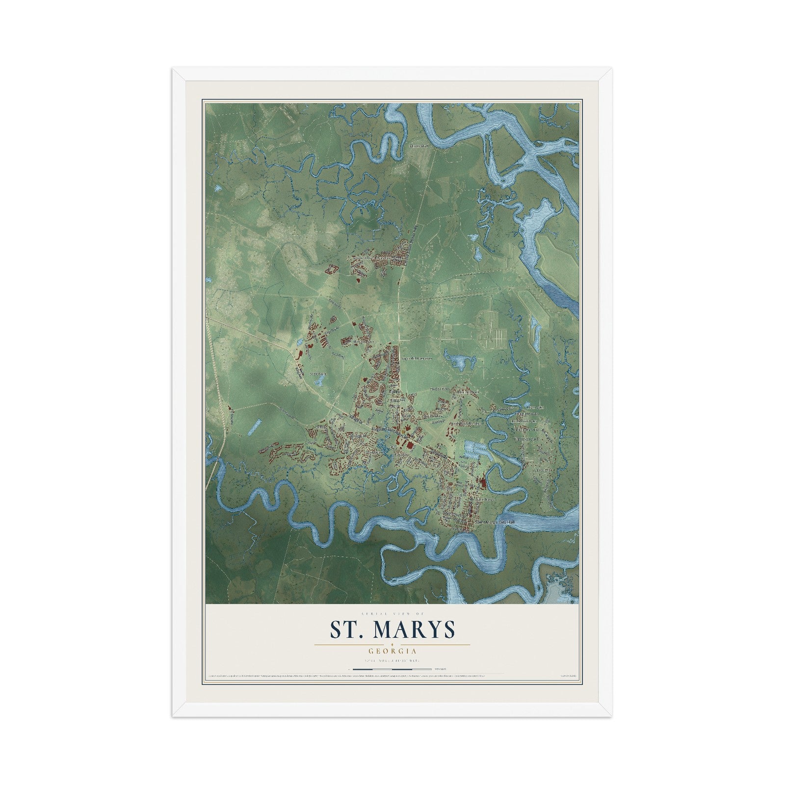 St. Marys, Georgia map print, 12" x 18" W/ White Ayous Wood Frame mockup