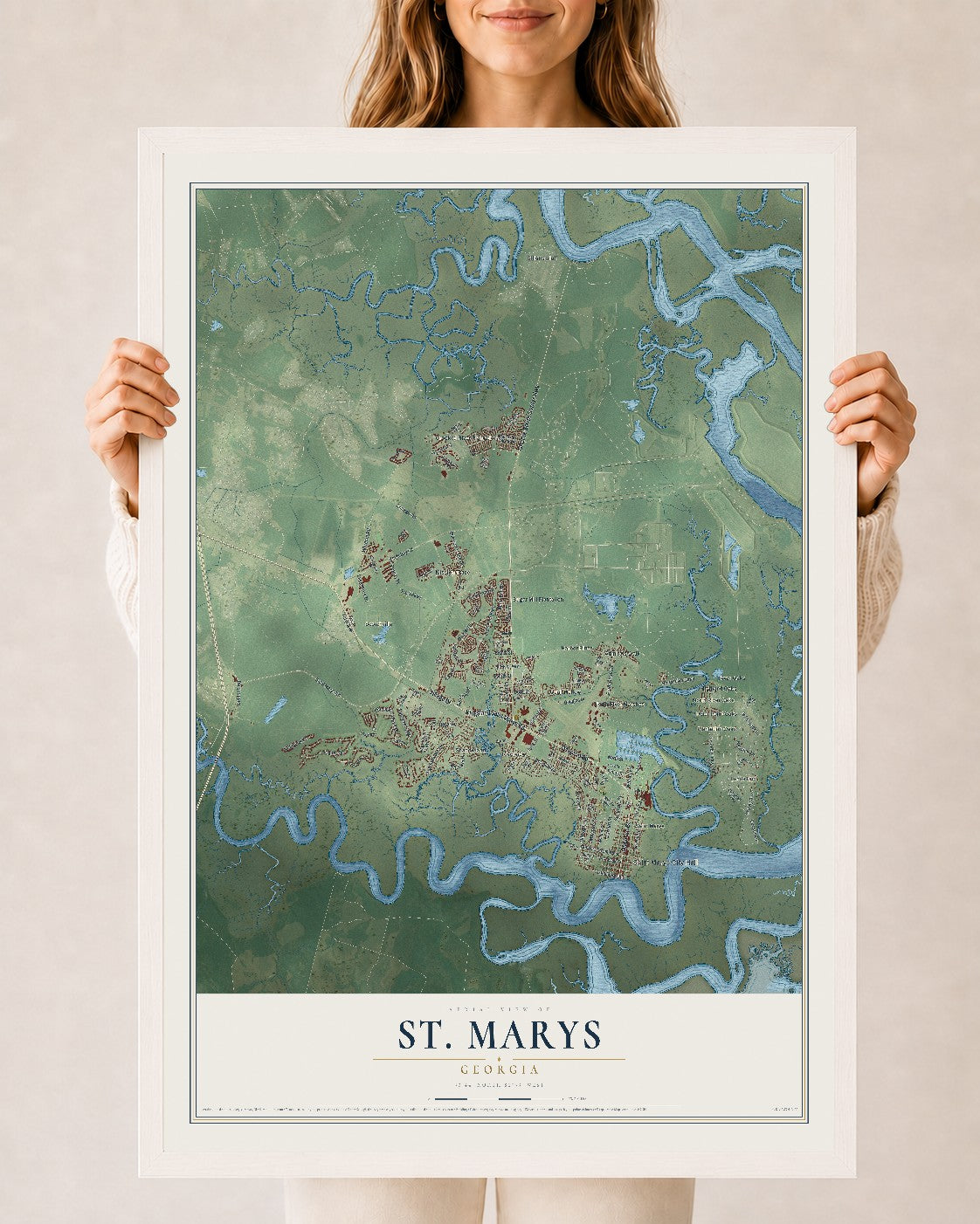 St. Marys, Georgia map print, 24" x 36" W/ White Ayous Wood Frame mockup
