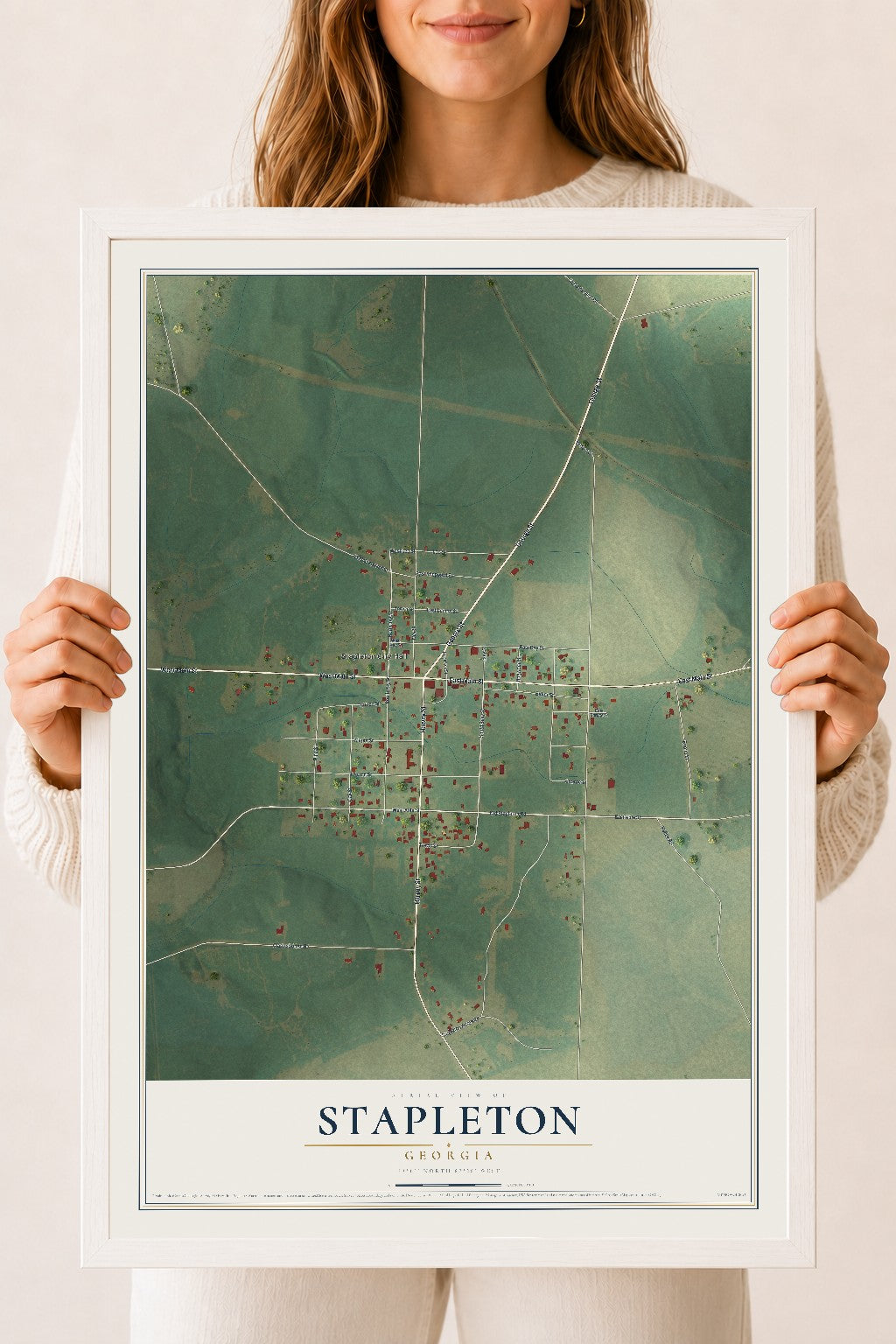 Stapleton, Georgia map print, 18" x 24" W/ White Ayous Wood Frame mockup
