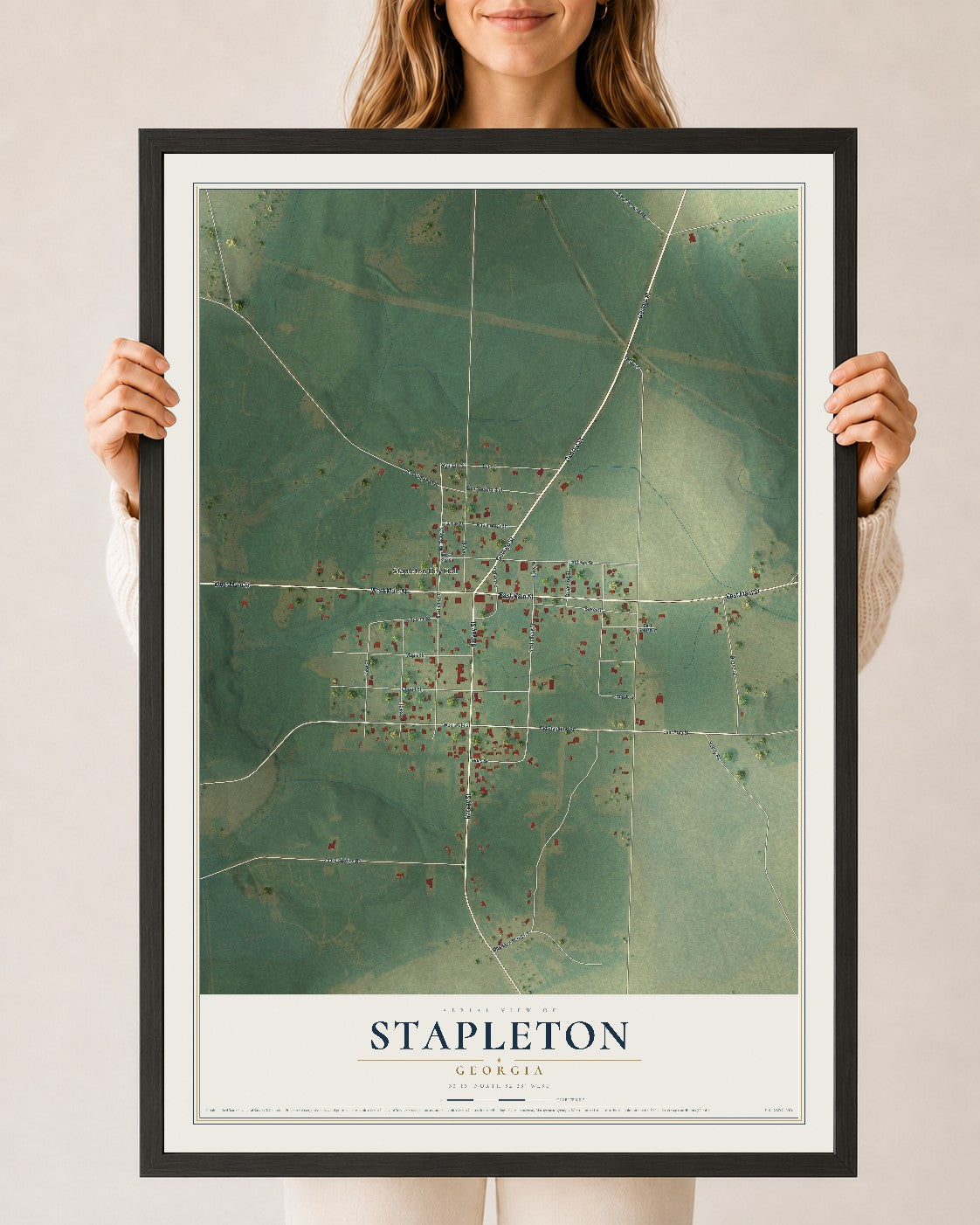 Stapleton, Georgia map print, 24" x 36" W/ Black Ayous Wood Frame mockup