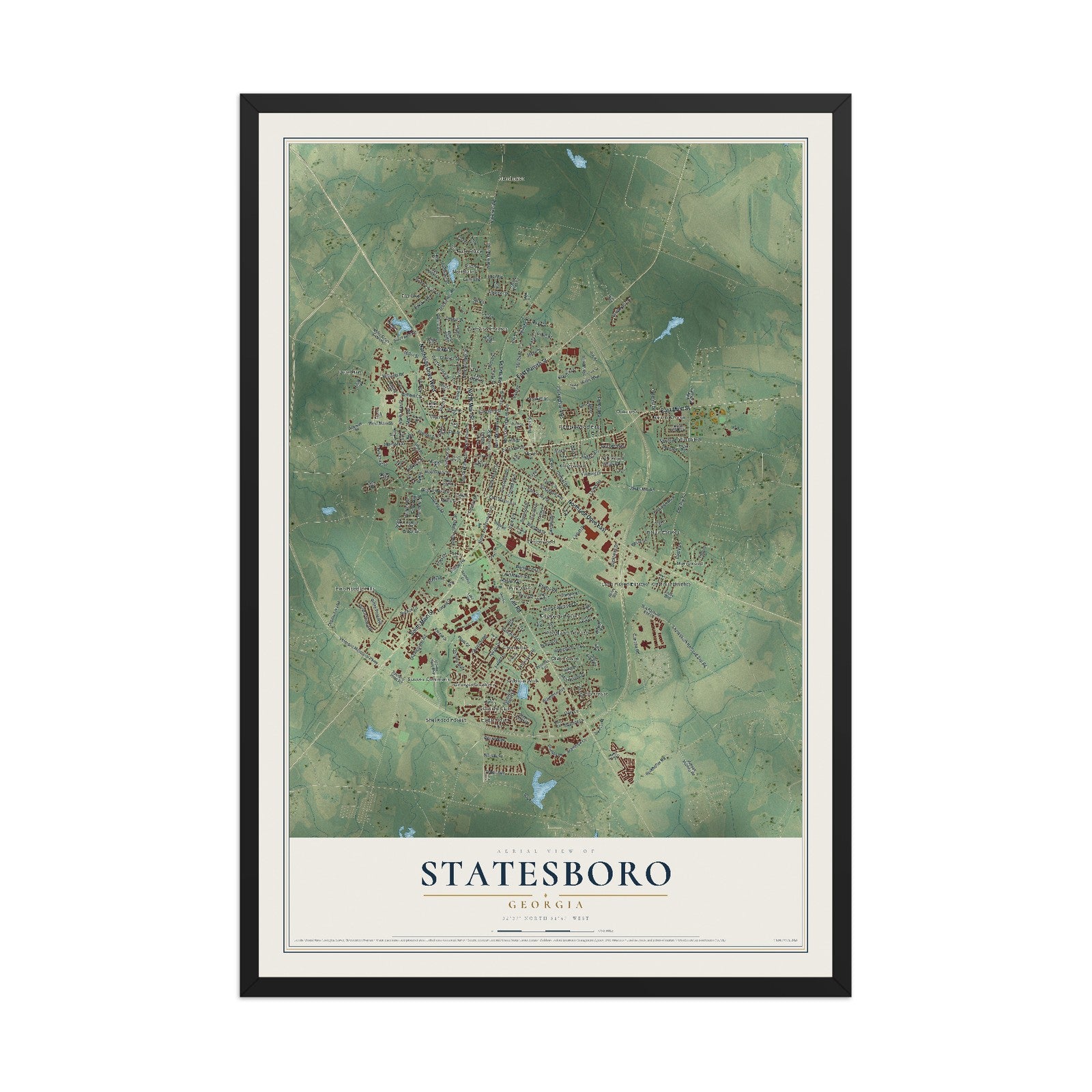 Statesboro, Georgia map print, 12" x 18" W/ Black Ayous Wood Frame mockup
