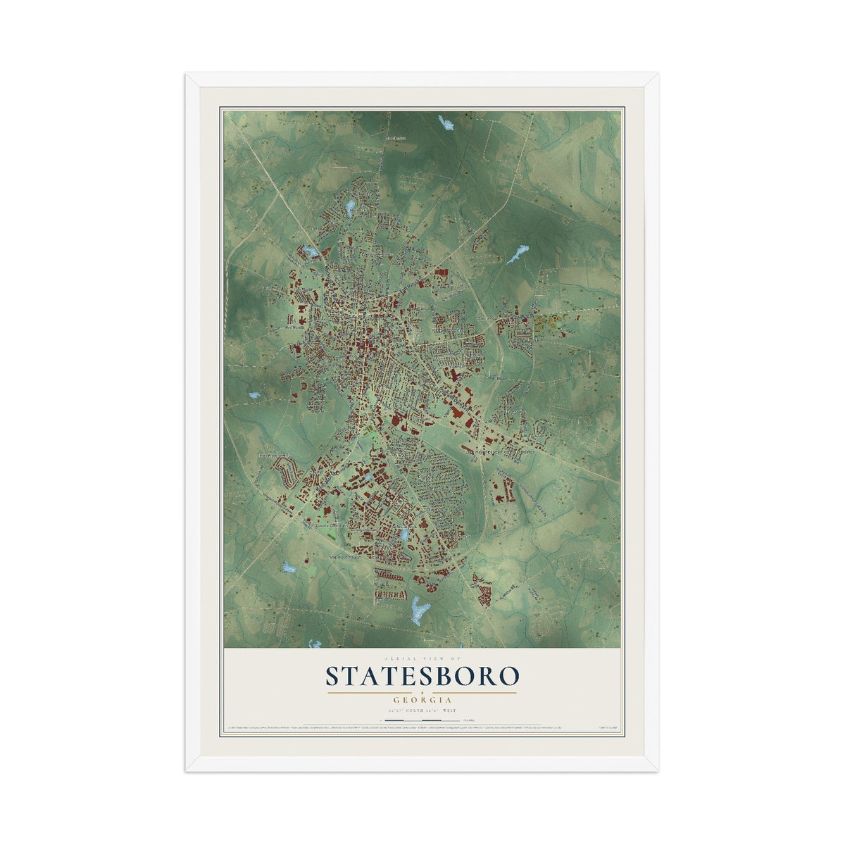 Statesboro, Georgia map print, 12" x 18" W/ White Ayous Wood Frame mockup
