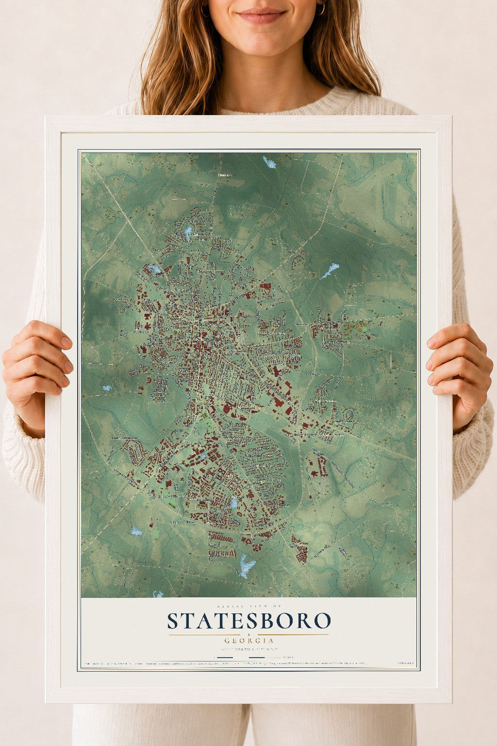 Statesboro, Georgia map print, 18" x 24" W/ White Ayous Wood Frame mockup