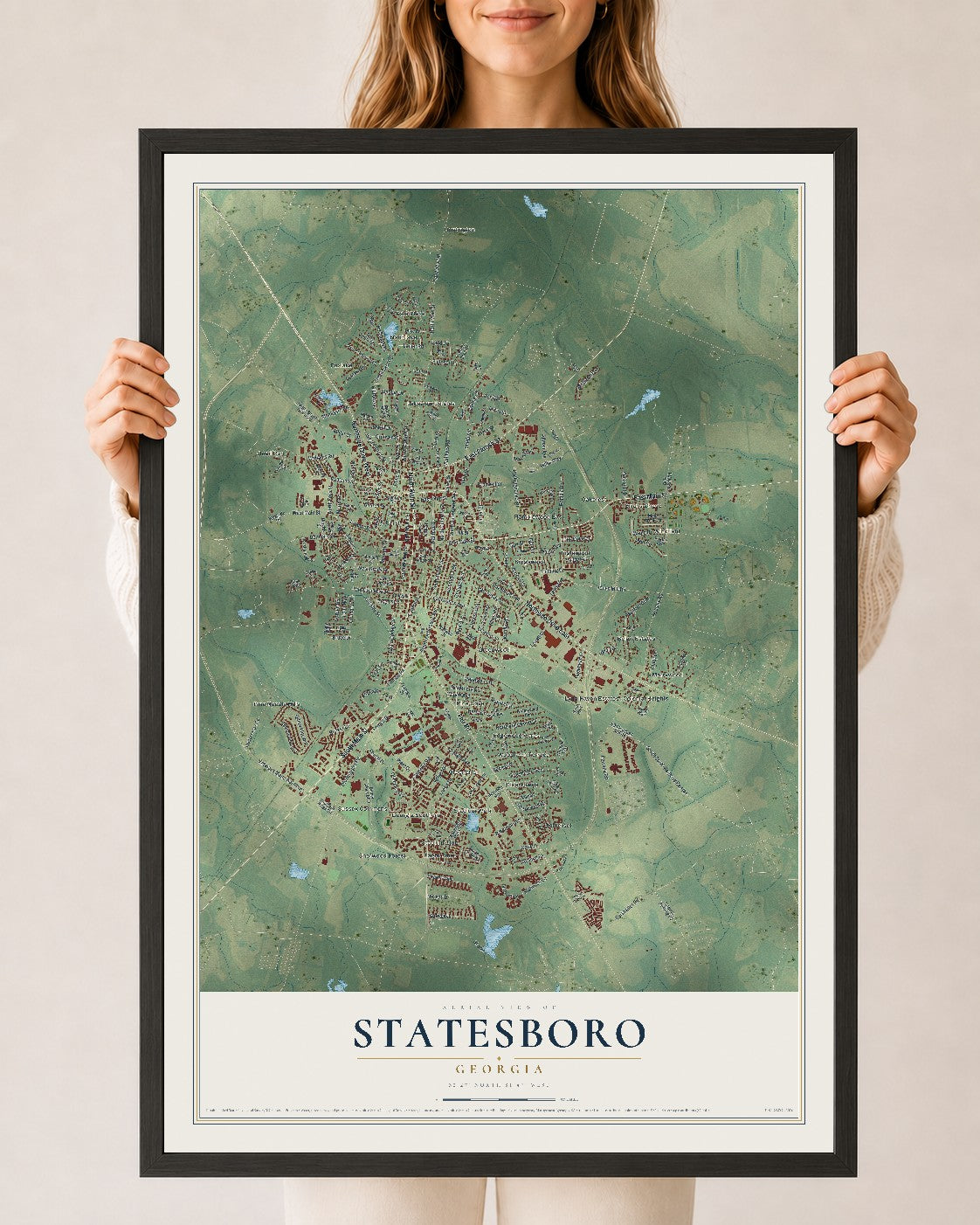 Statesboro, Georgia map print, 24" x 36" W/ Black Ayous Wood Frame mockup