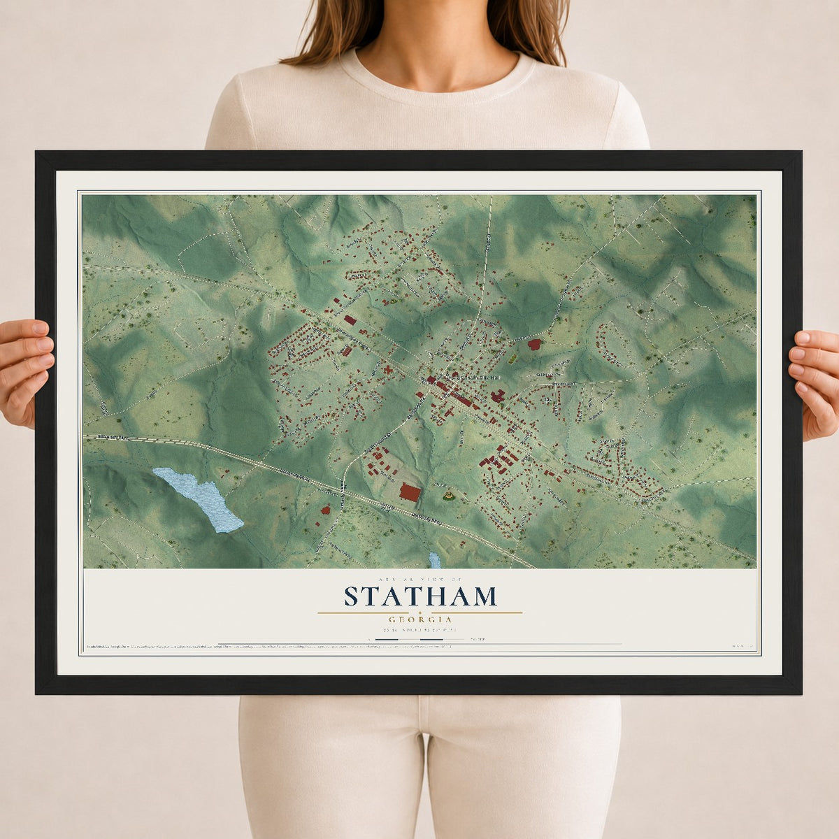 Statham, Georgia map print, 18" x 24" W/ Black Ayous Wood Frame mockup