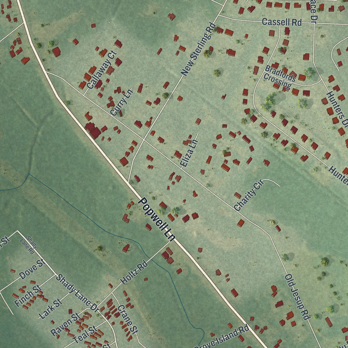 Close-up of the map of Sterling, Georgia print showing street and building detail