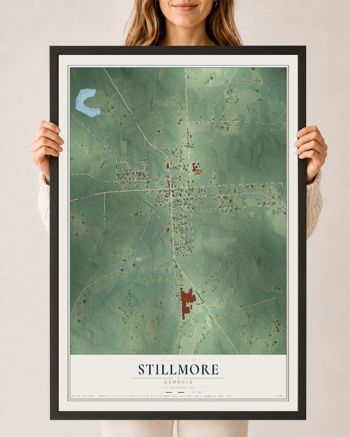 Stillmore, Georgia map print, 24" x 36" W/ Black Ayous Wood Frame mockup