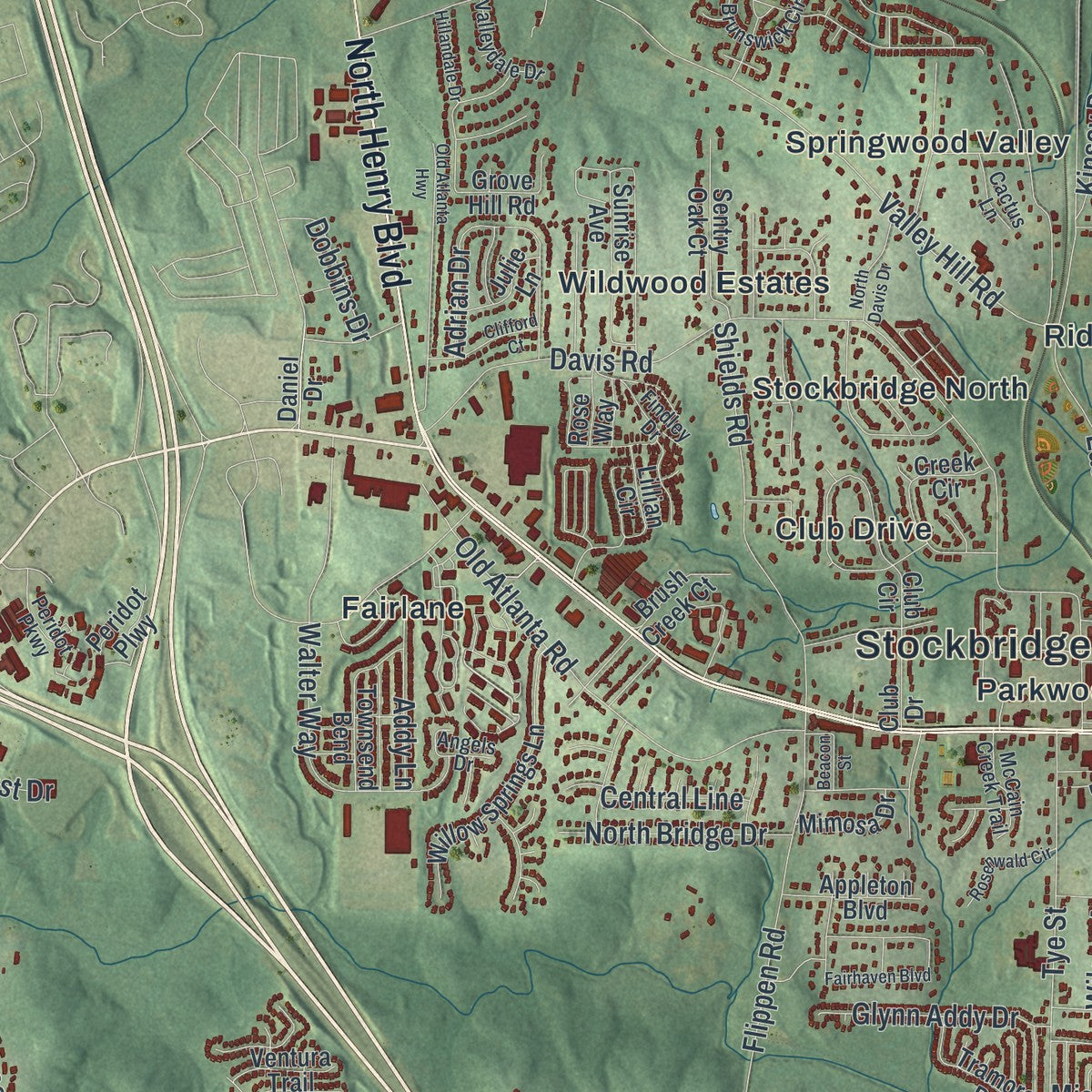 Close-up 1 of the Stockbridge, Georgia map artwork