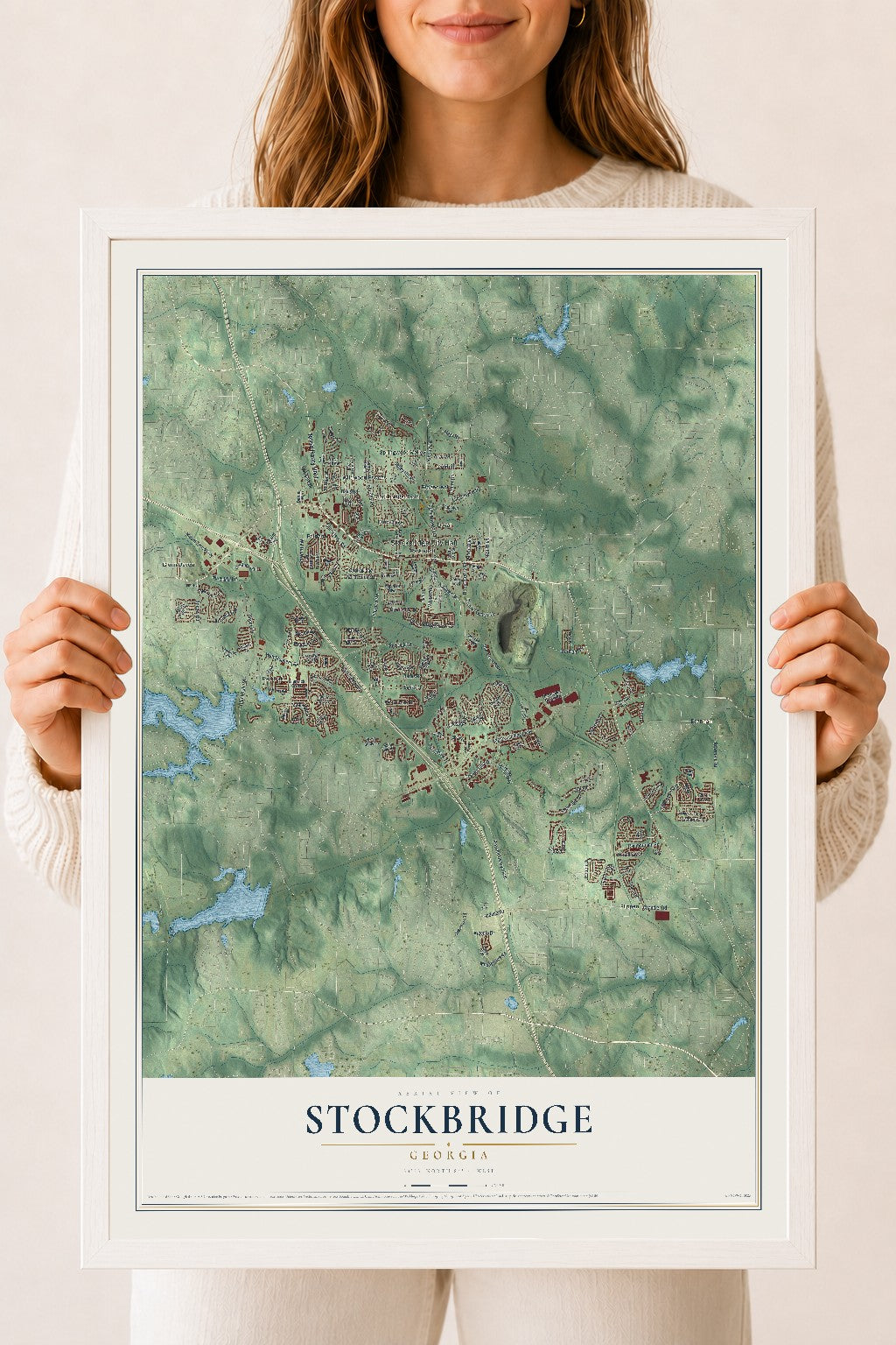 Stockbridge, Georgia map print, 18" x 24" W/ White Ayous Wood Frame mockup