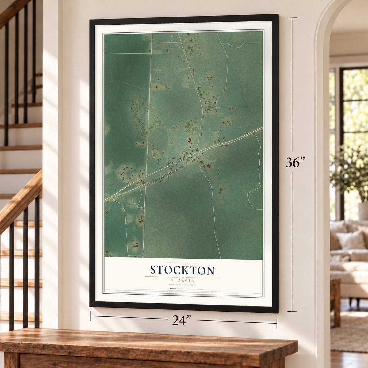 Stockton, Georgia map, 24 x 36 inch print in a black frame by a staircase