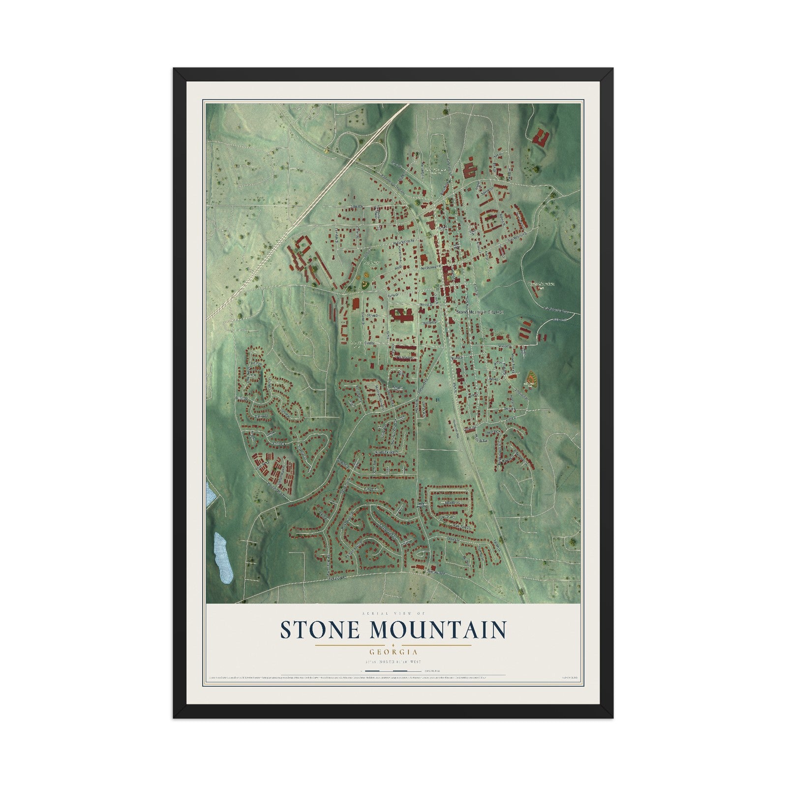 Stone Mountain, Georgia map print, 12" x 18" W/ Black Ayous Wood Frame mockup
