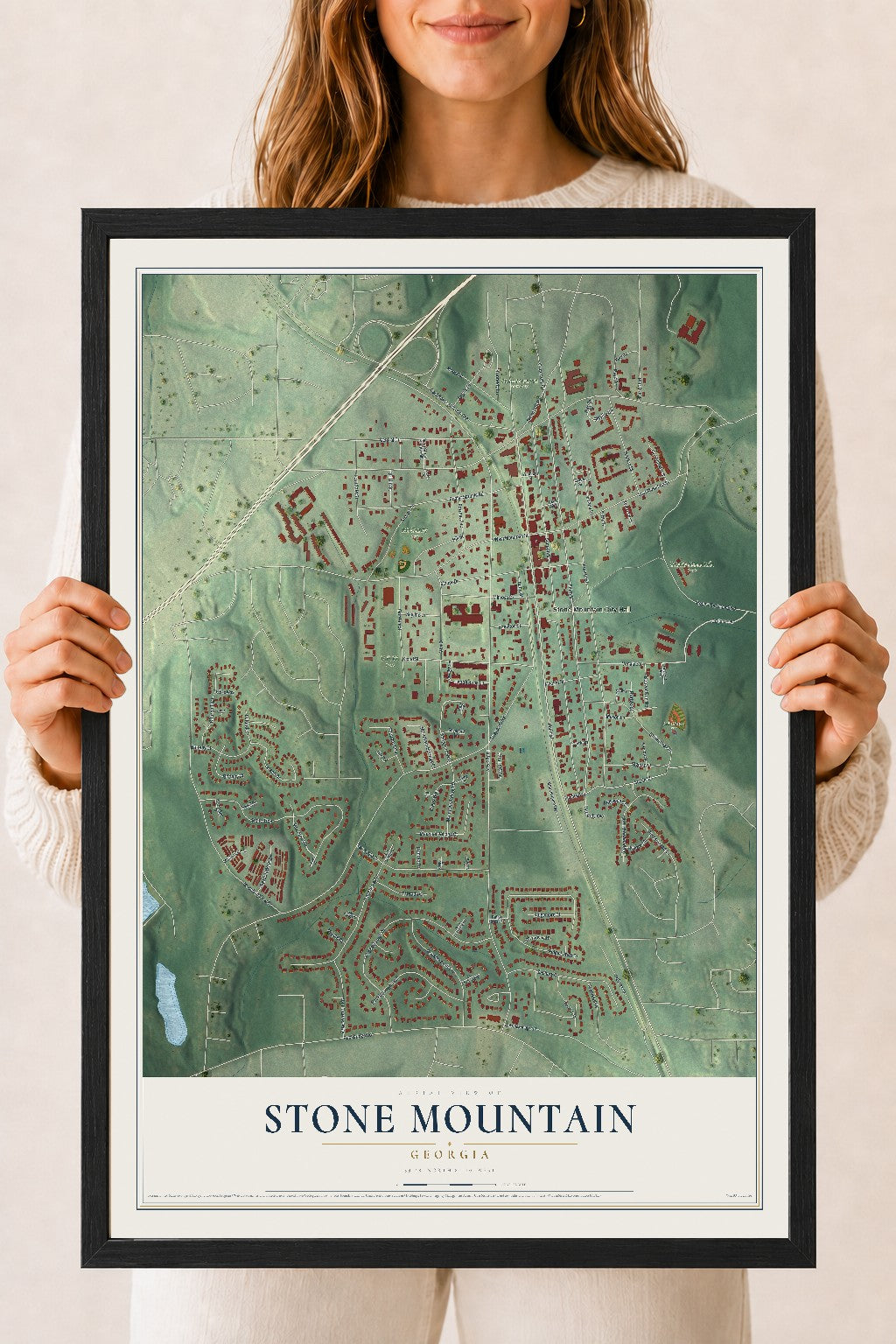 Stone Mountain, Georgia map print, 18" x 24" W/ Black Ayous Wood Frame mockup