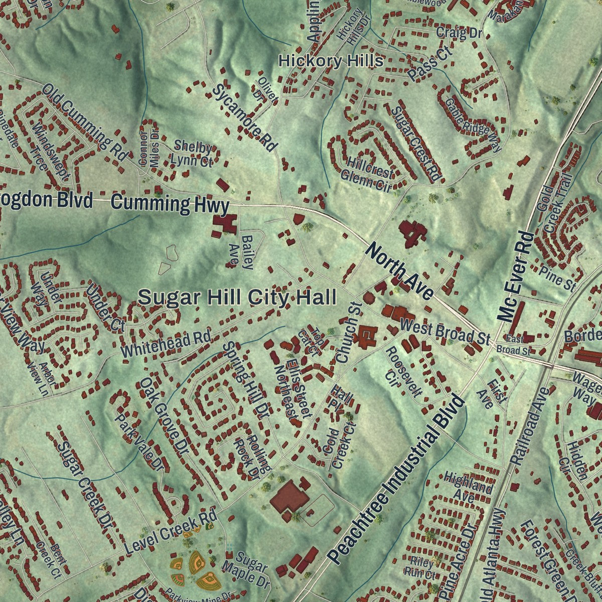 Close-up 1 of the Sugar Hill, Georgia map artwork