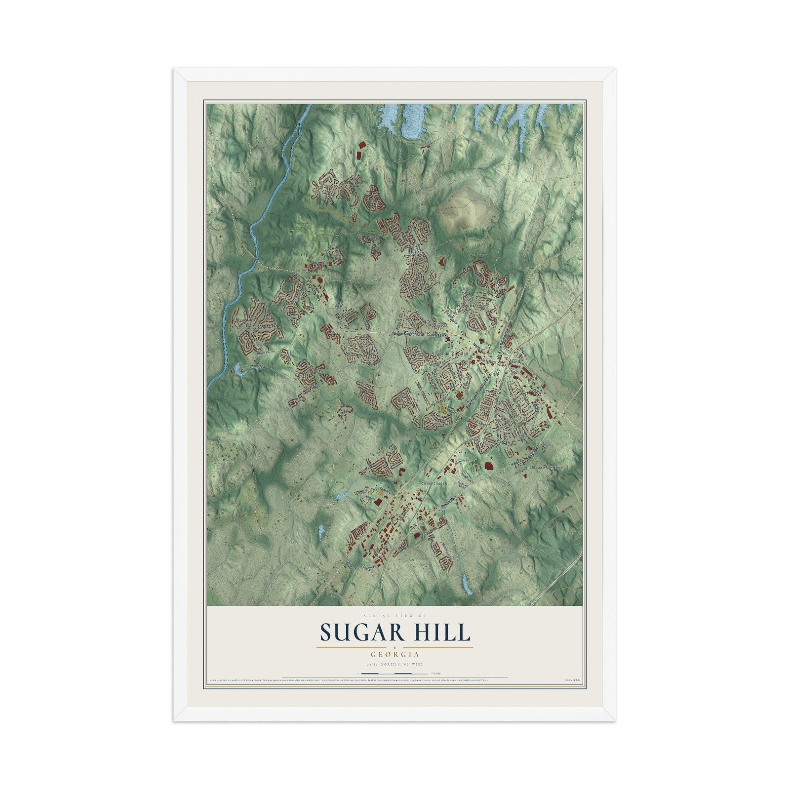 Sugar Hill, Georgia map print, 12" x 18" W/ White Ayous Wood Frame mockup