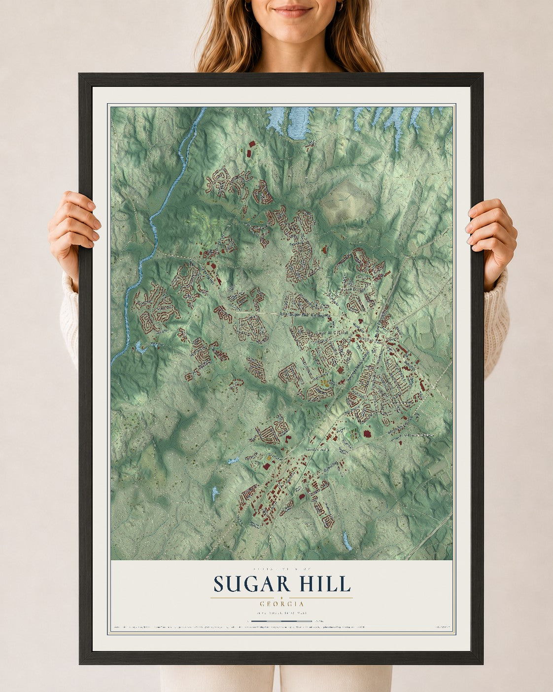 Sugar Hill, Georgia map print, 24" x 36" W/ Black Ayous Wood Frame mockup