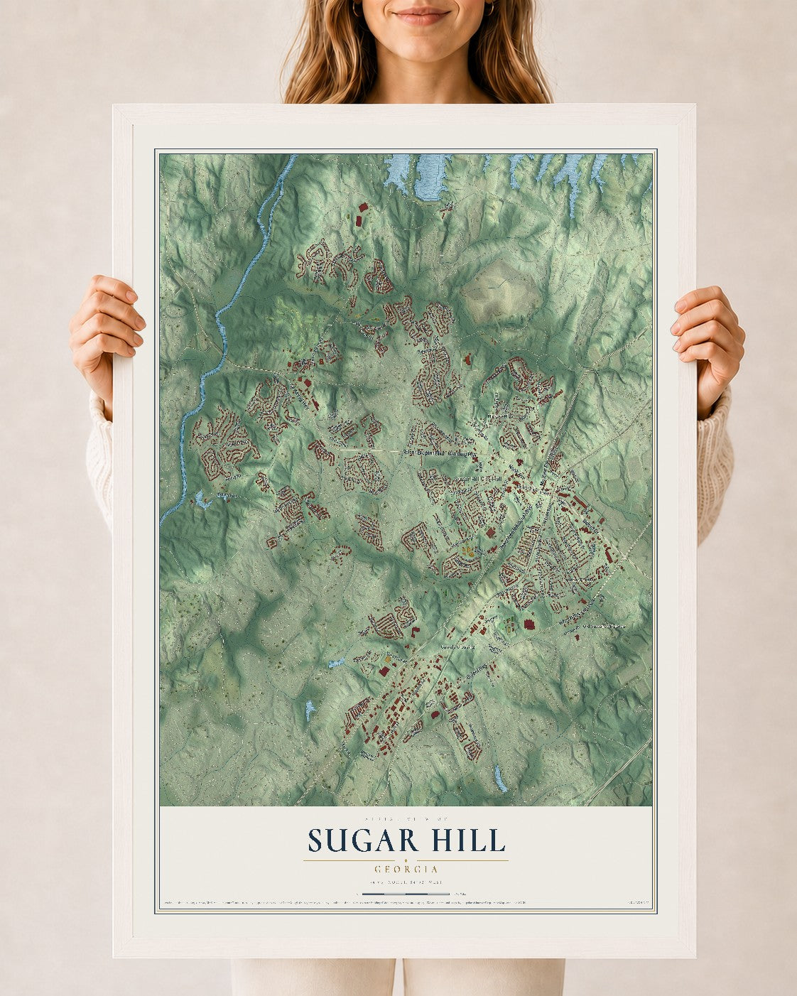 Sugar Hill, Georgia map print, 24" x 36" W/ White Ayous Wood Frame mockup