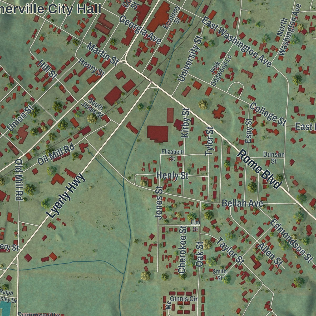 Close-up 1 of the Summerville, Georgia map artwork