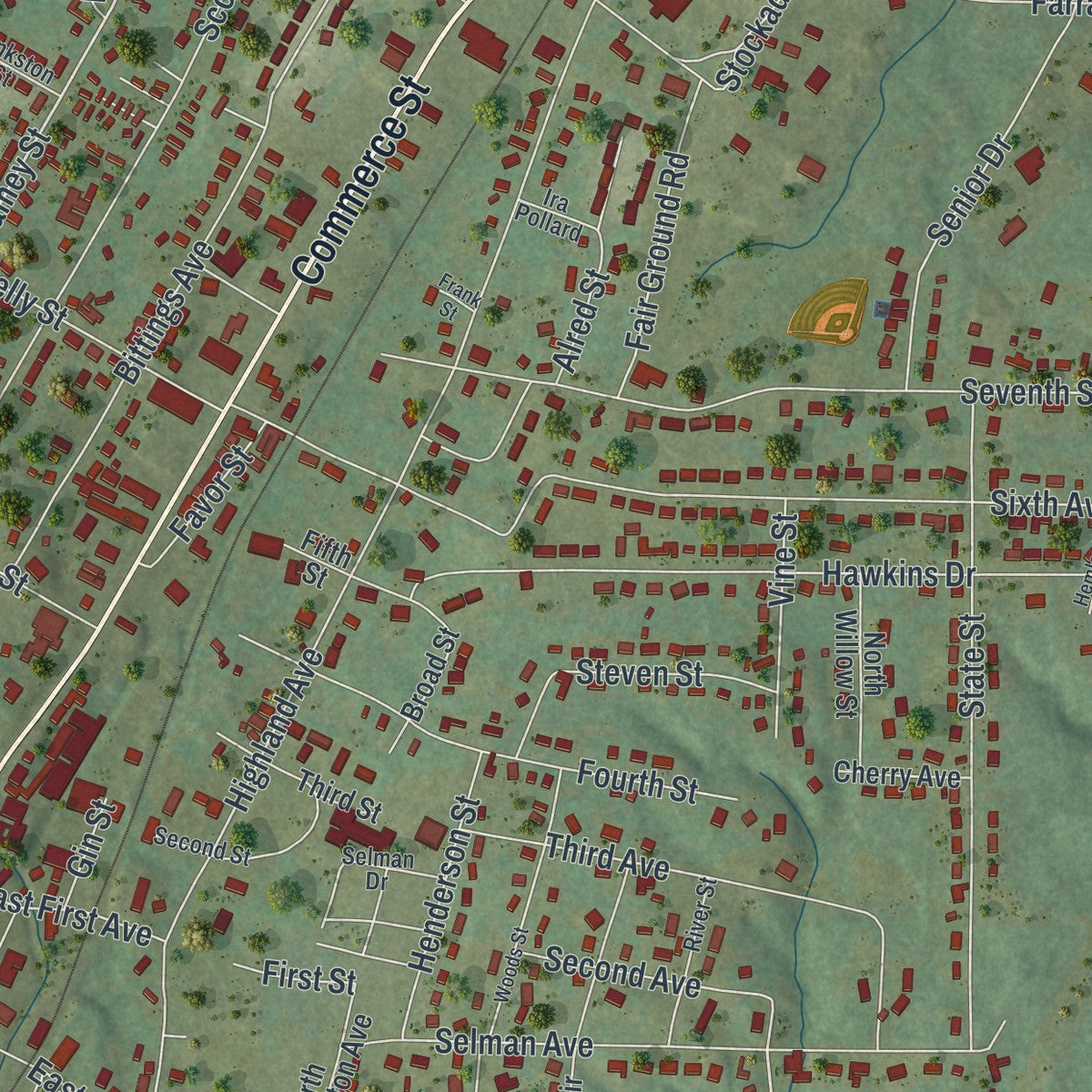 Close-up 2 of the Summerville, Georgia map artwork